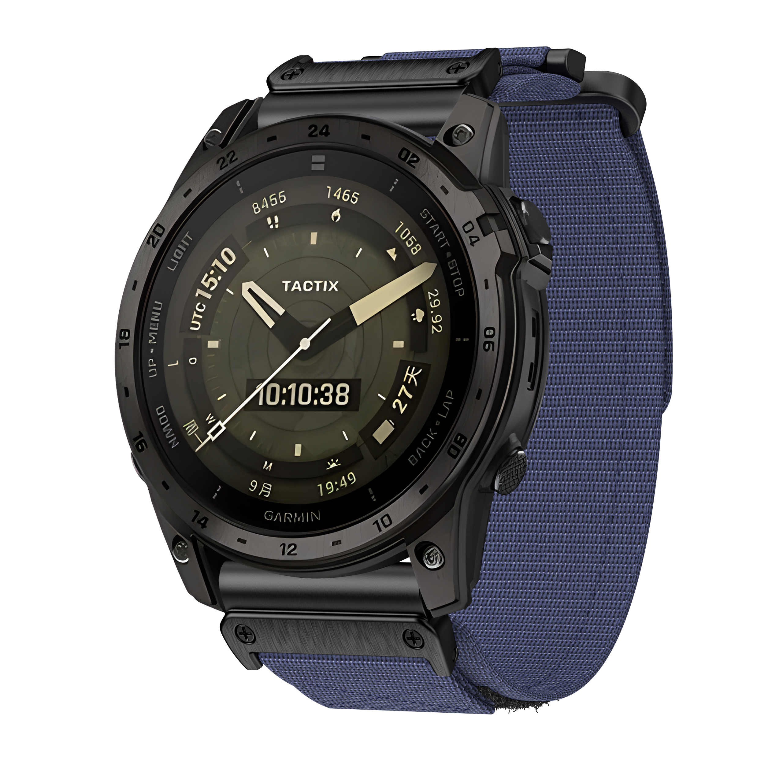 Schwarze Garmin-Uhr mit blauem Armband, die Zeit, Datum und verschiedene Funktionsanzeigen anzeigt.