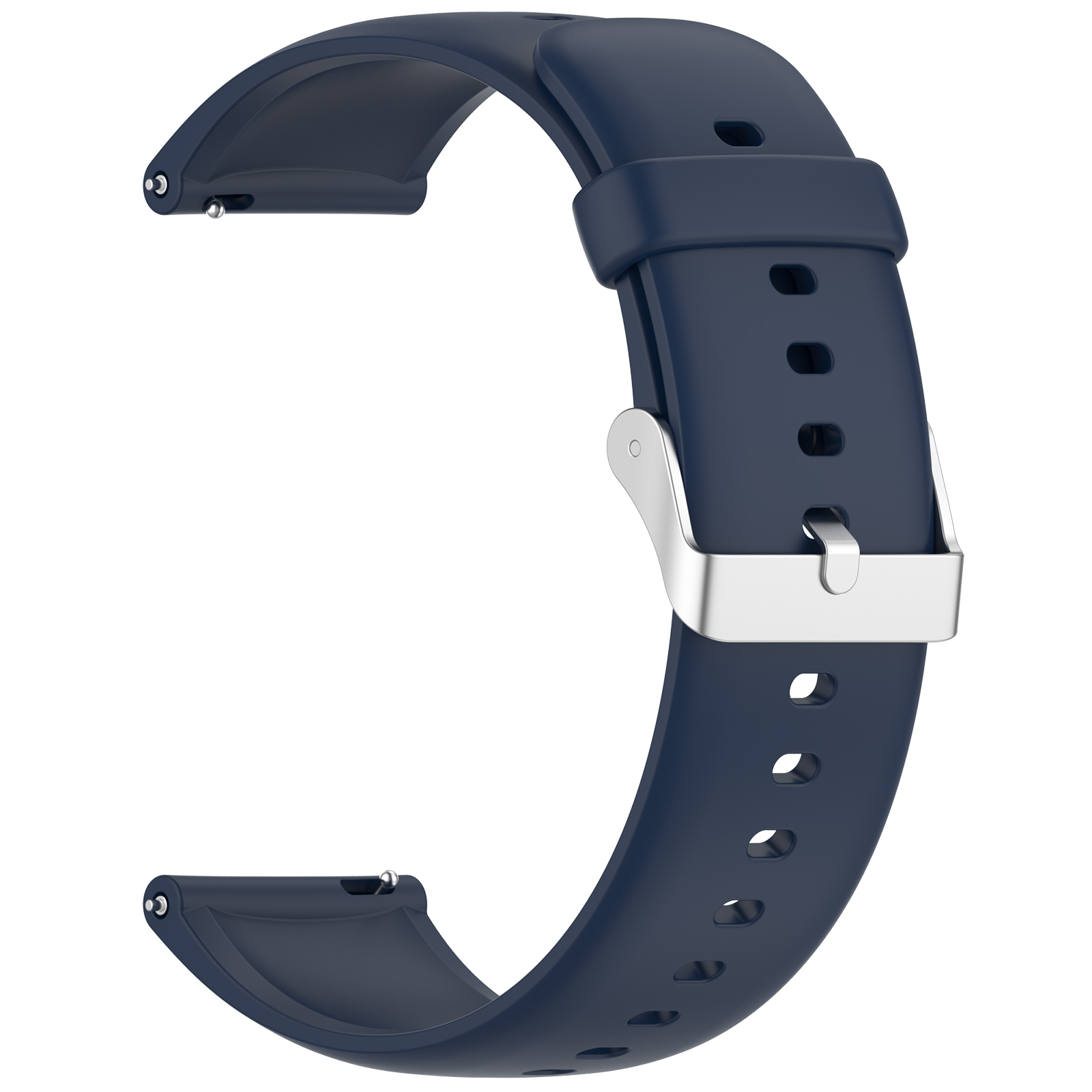 Ein dunkelblaues Uhrenarmband mit silberner Schließe, Nahaufnahme, vor weißem Hintergrund.