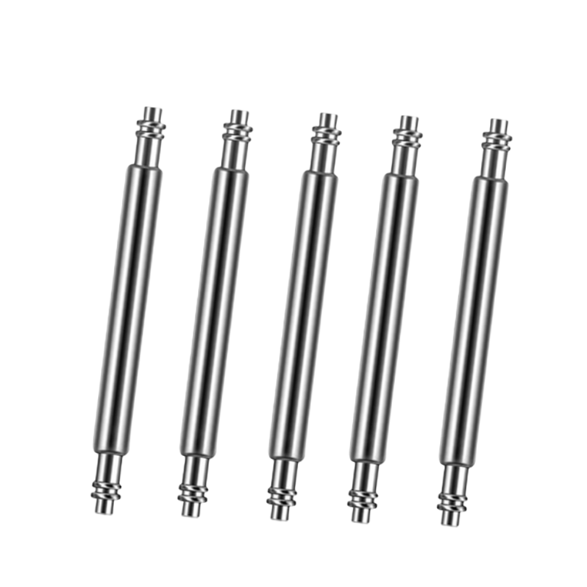 Pięć srebrnych teleskopów do zegarków ułożonych na białym tle, gotowych do montażu.