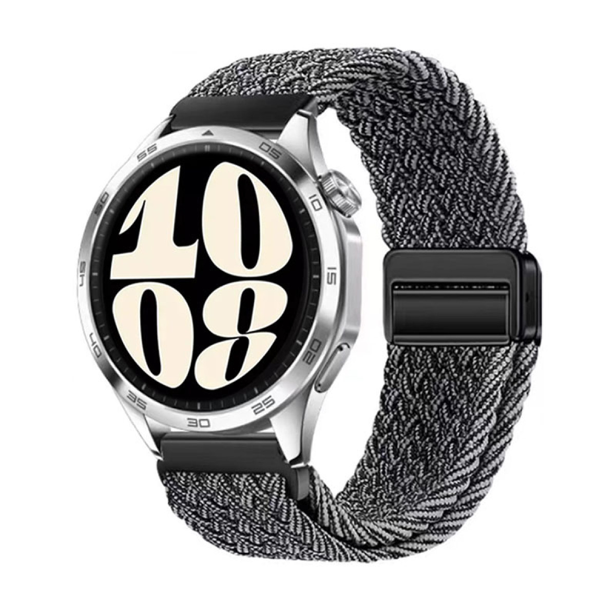 Uno smartwatch argentato con cinturino in tessuto nero e grigio.