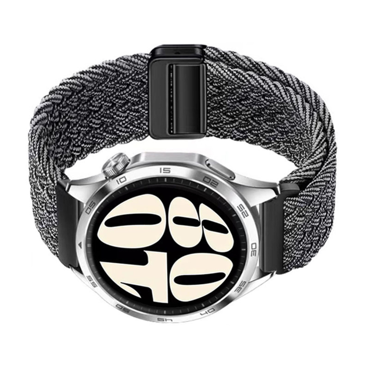 Uno smartwatch argento con un cinturino intrecciato nero e grigio. Il quadrante mostra i numeri.