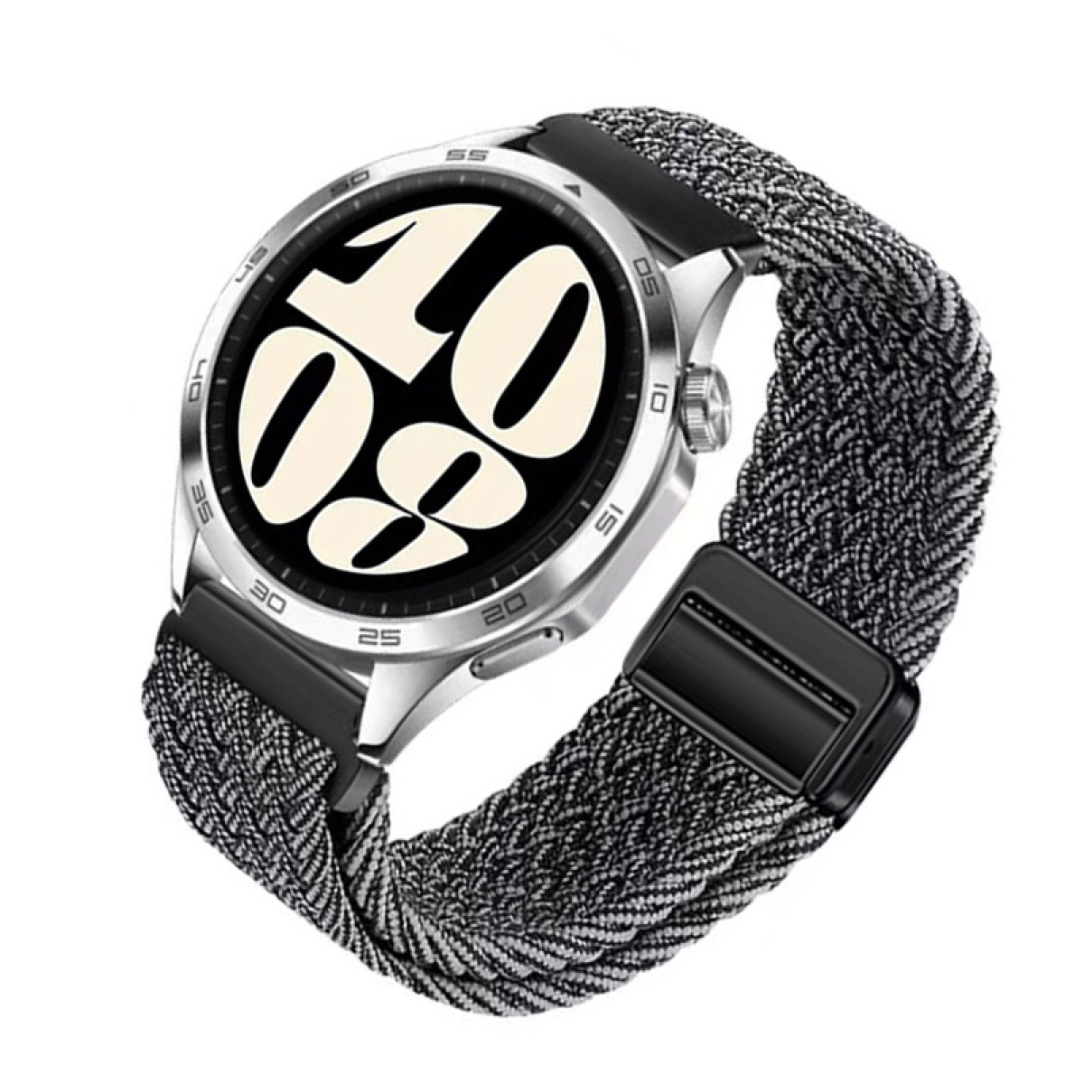 Smartwatch con cinturino intrecciato. L'orologio è argentato con un cinturino nero e grigio.