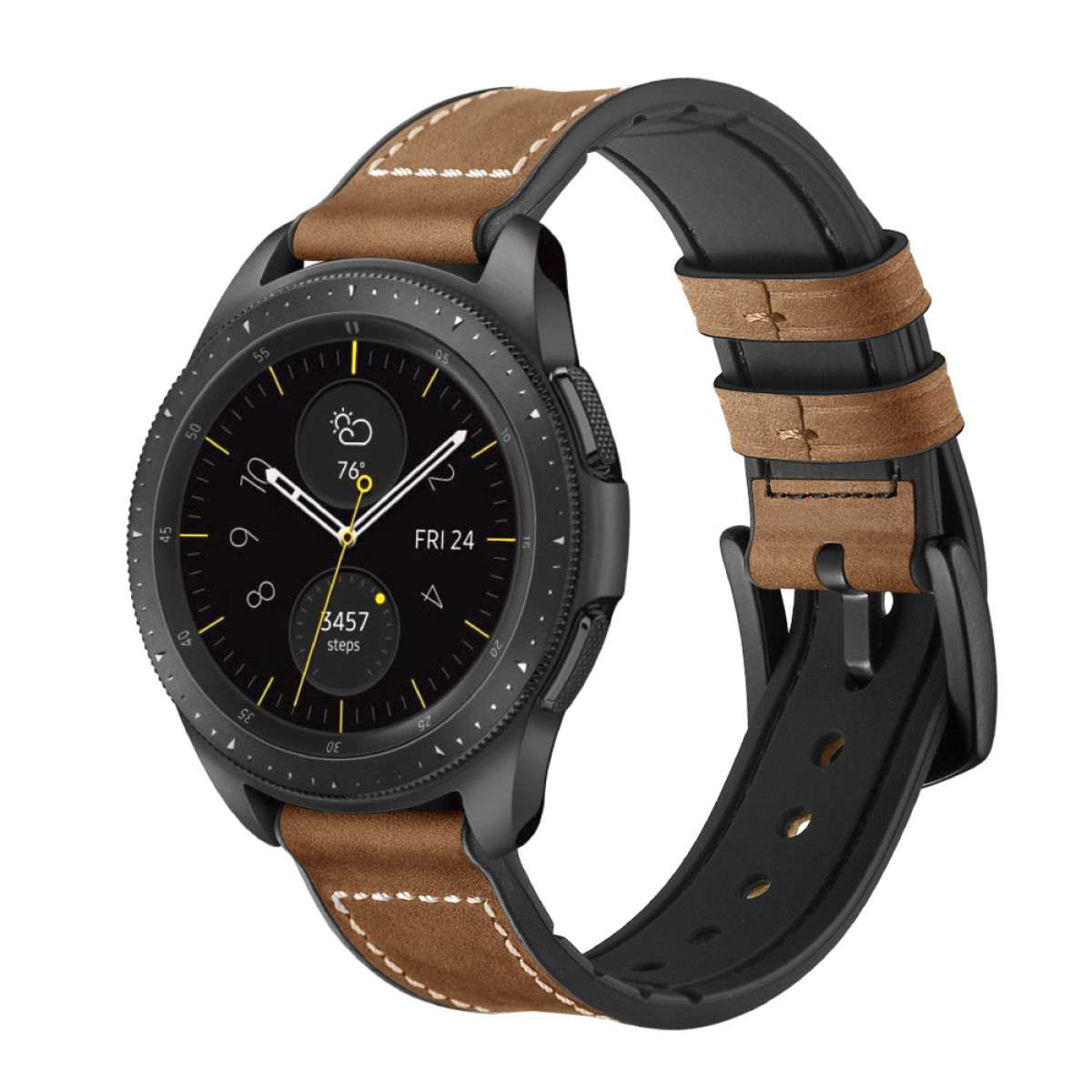 Smartwatch nero con cinturino in pelle marrone. L'orologio mostra l'ora e i passi.