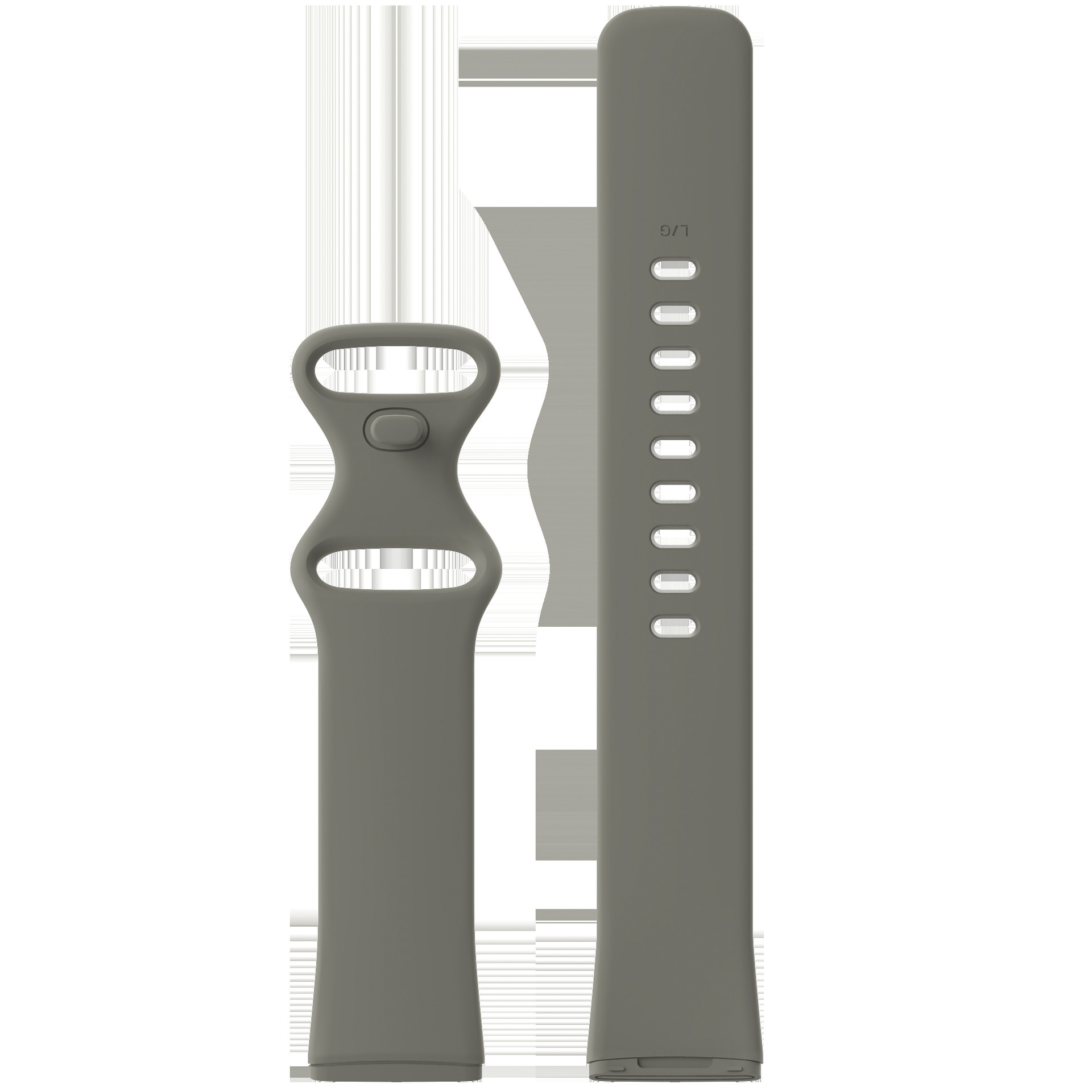Ein graues Smartwatch-Armband mit Verschluss.