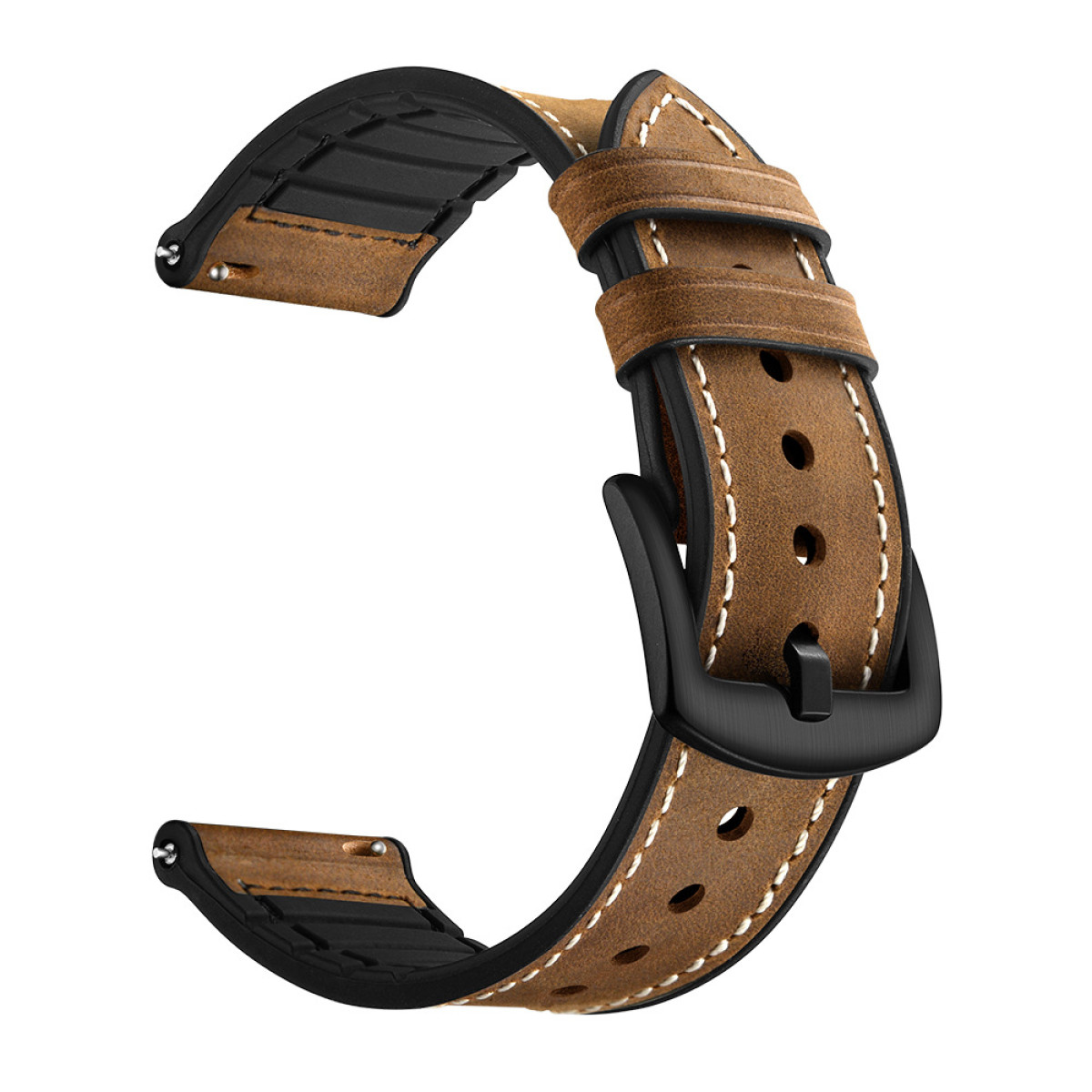 Cinturino in pelle marrone con fibbia nera e cuciture bianche.