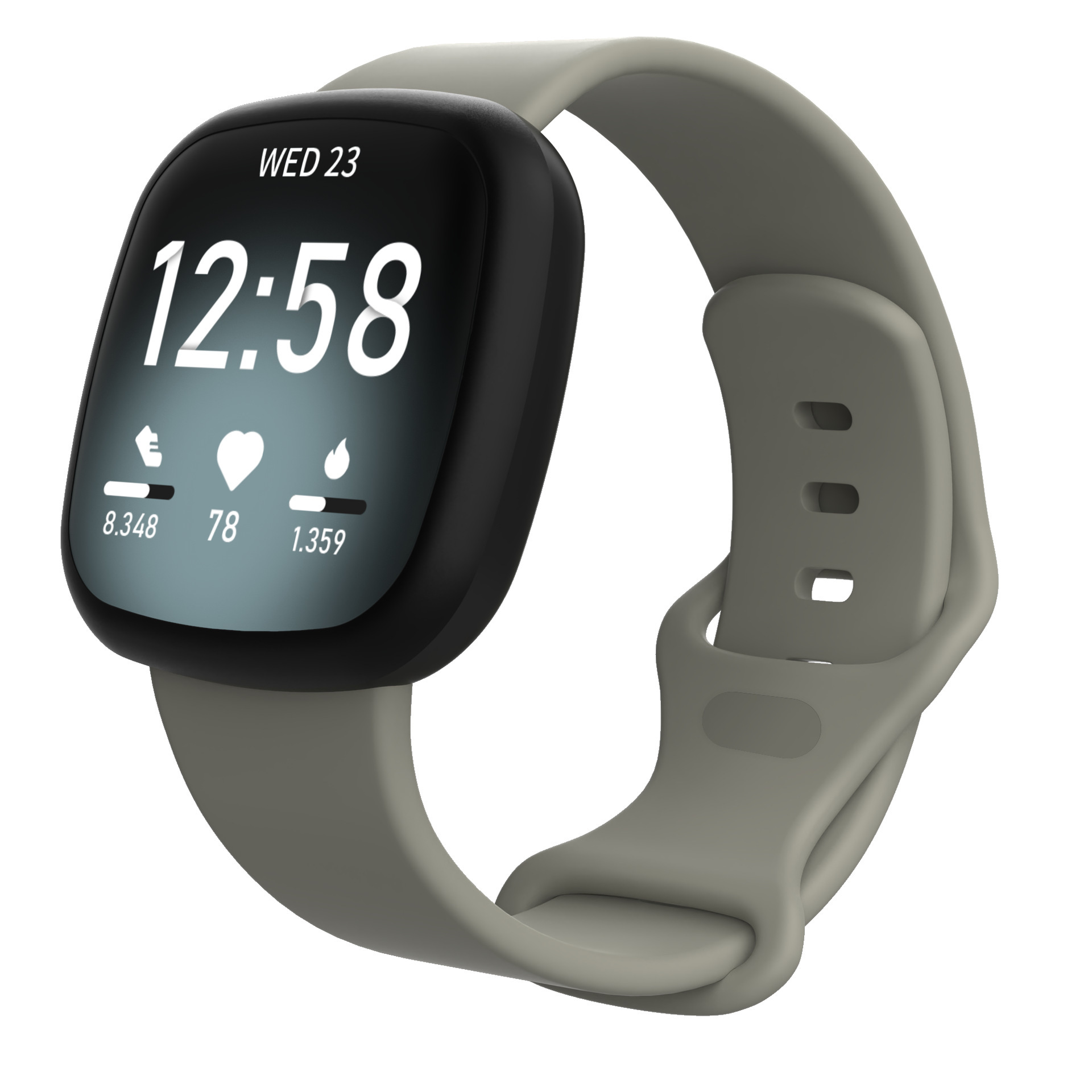 Eine Smartwatch mit grauem Armband, die Zeit und Statistiken anzeigt.