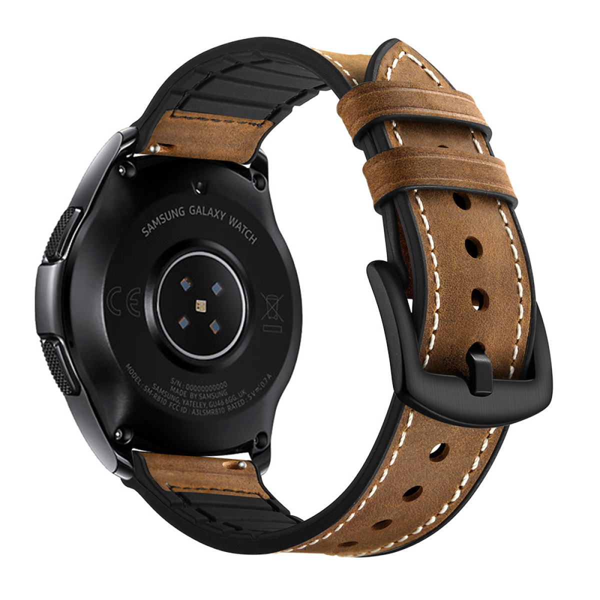 Vista posteriore di uno smartwatch nero con cinturino in pelle marrone, che mostra il logo Samsung Galaxy Watch.