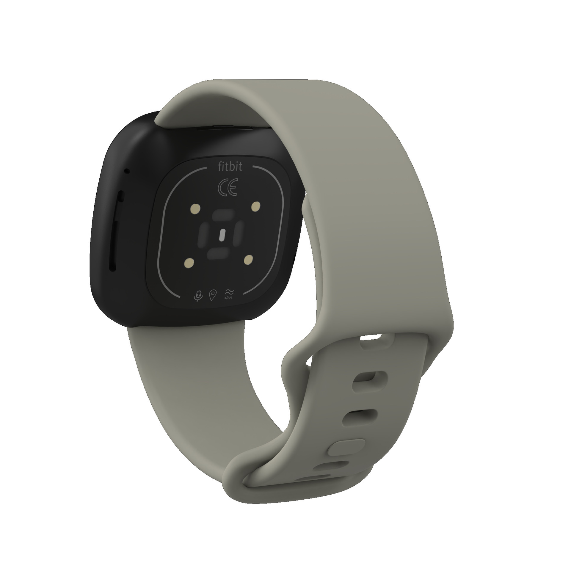 Graue Smartwatch mit grauem Armband, Rückansicht, Sensordetails sichtbar.