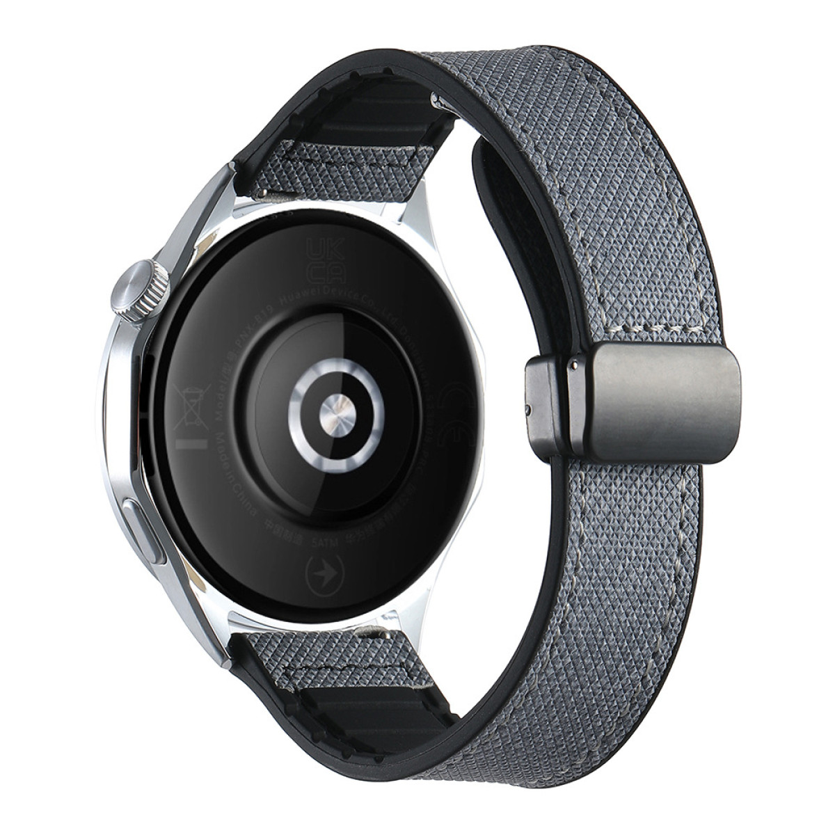 Smartwatch argentato con cinturino grigio, che mostra il retro dell'orologio.