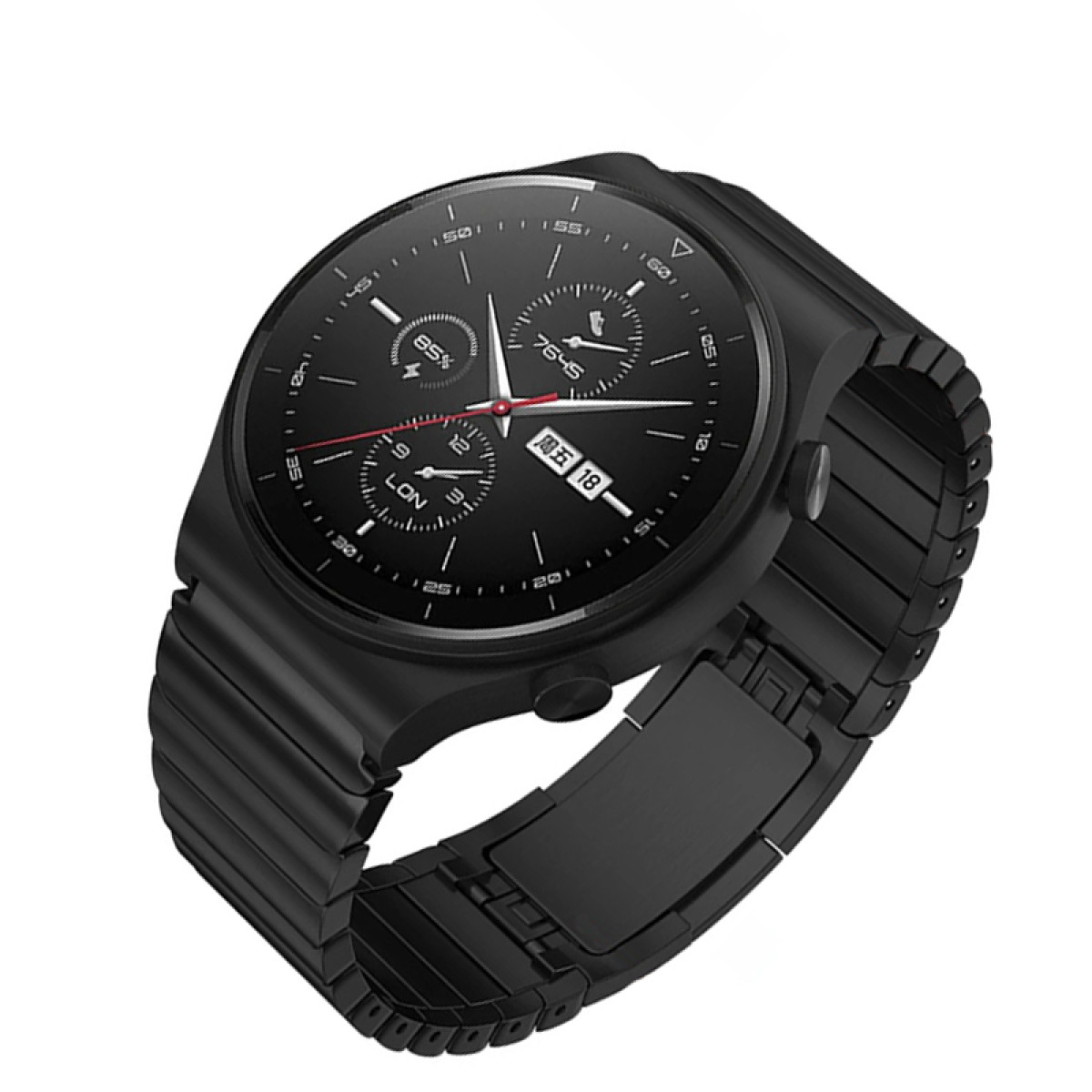 Schwarze Smartwatch mit schwarzem Metallarmband, Seitenansicht.