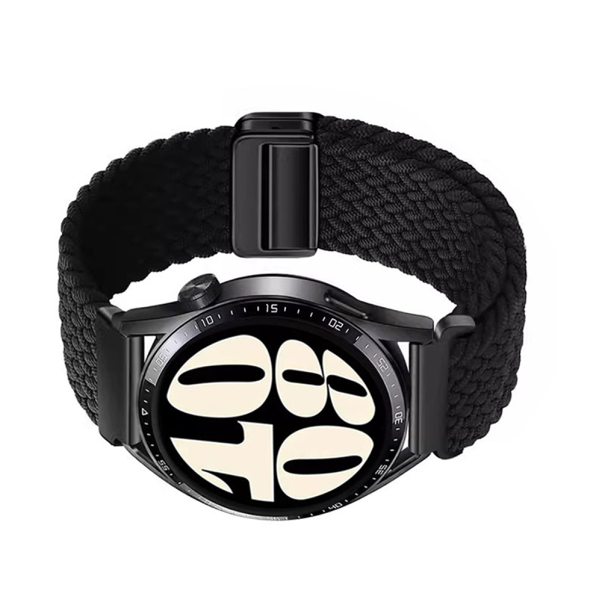 Smartwatch nero con cinturino intrecciato nero, mostra ora e data. Sfondo bianco.