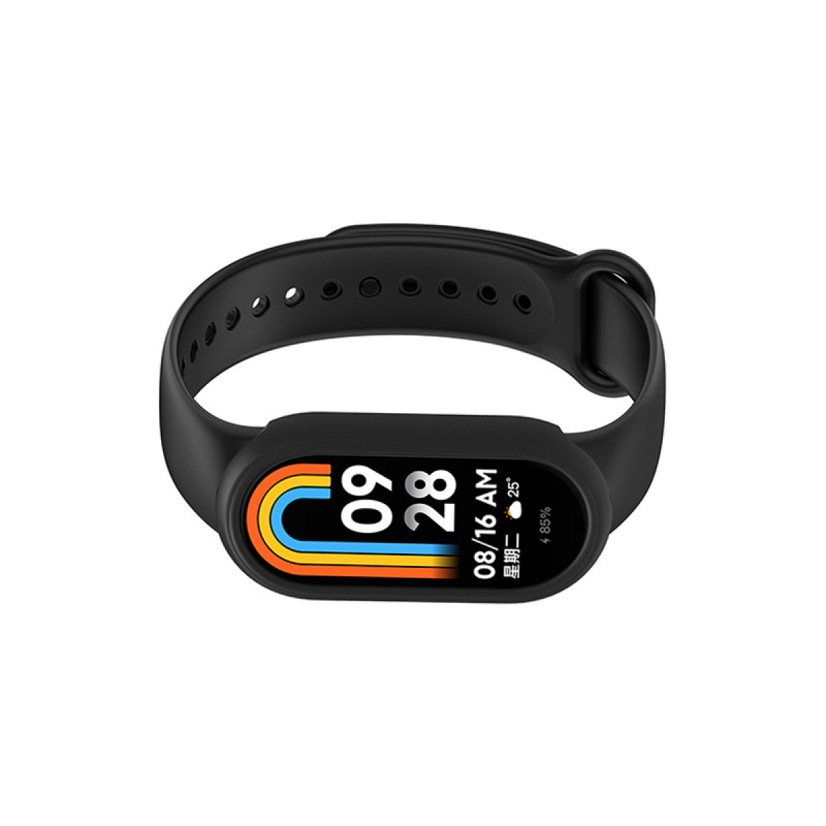 Schwarzes Smartband mit farbigem Display, das Zeit, Datum und Akkustand anzeigt.