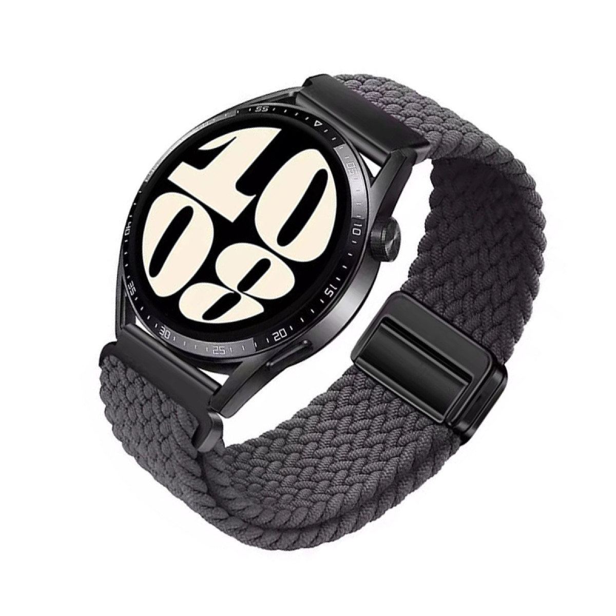 Uno smartwatch con cinturino intrecciato grigio mostra l'ora, 10:08, in bianco su schermo nero.