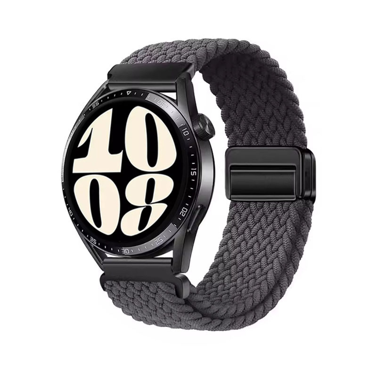 Uno smartwatch nero con cinturino intrecciato grigio, che mostra un orologio digitale.