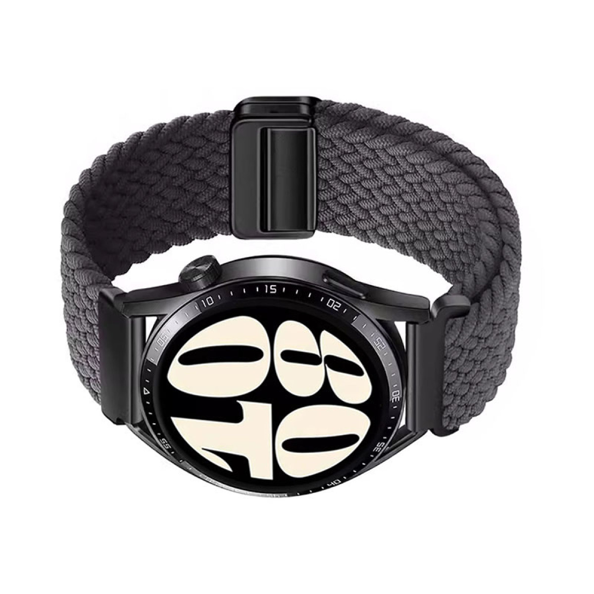 Smartwatch nero con cinturino intrecciato grigio, mostra l'ora sullo schermo.
