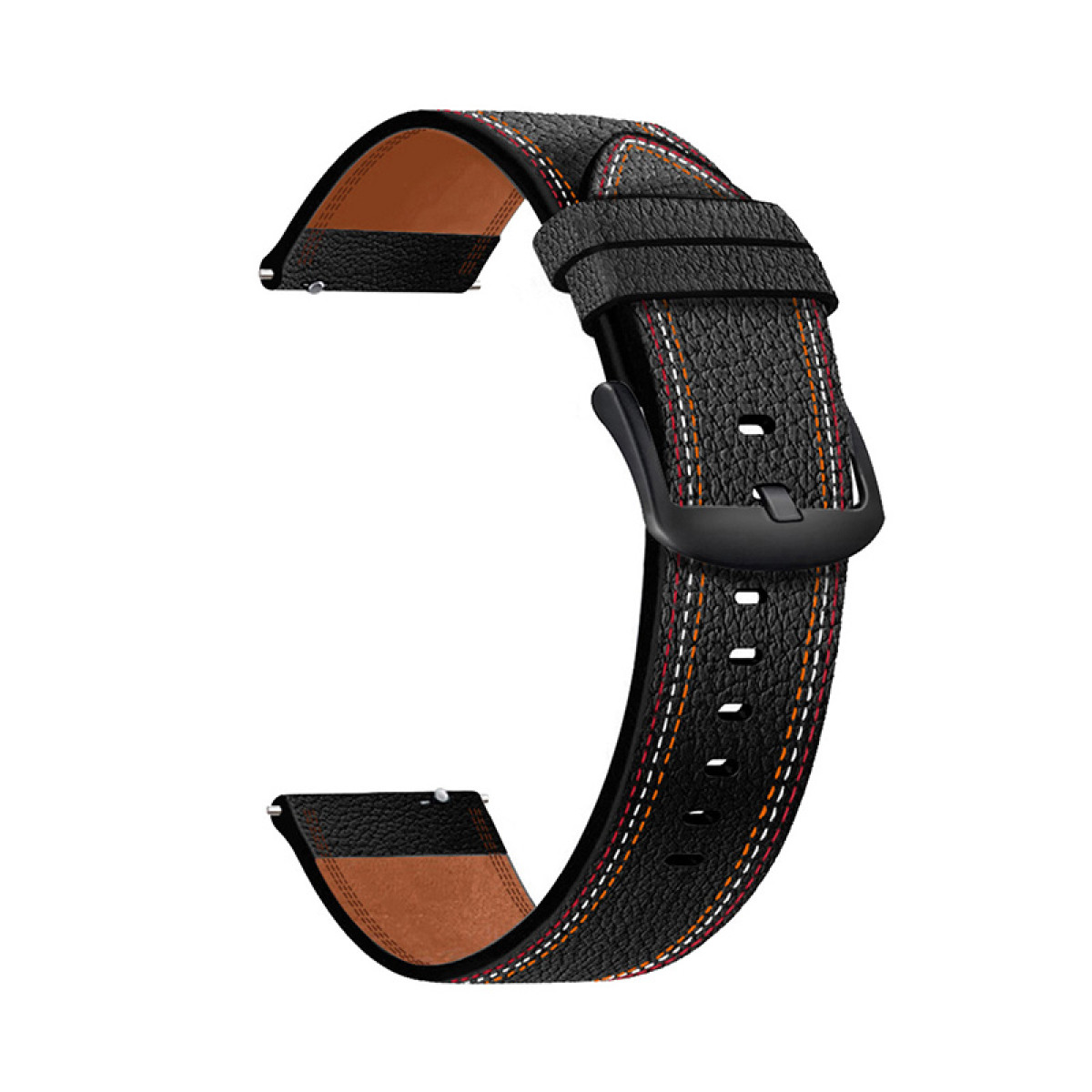 Ein schwarzes Lederarmband mit orangefarbenen, roten und weißen Nähten und einer schwarzen Schließe.