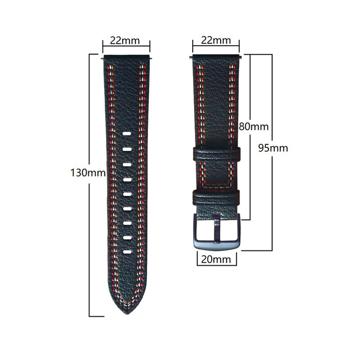 Zwei Uhrenarmbänder mit Maßen. Schwarz mit roten und weißen Streifen.