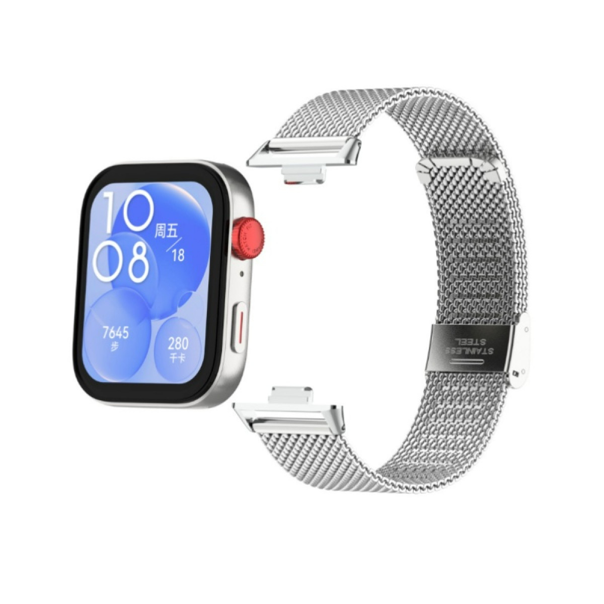 Smartwatch mit silbernem Mesh-Armband. Die Uhr zeigt Zeit- und Aktivitätsdaten.