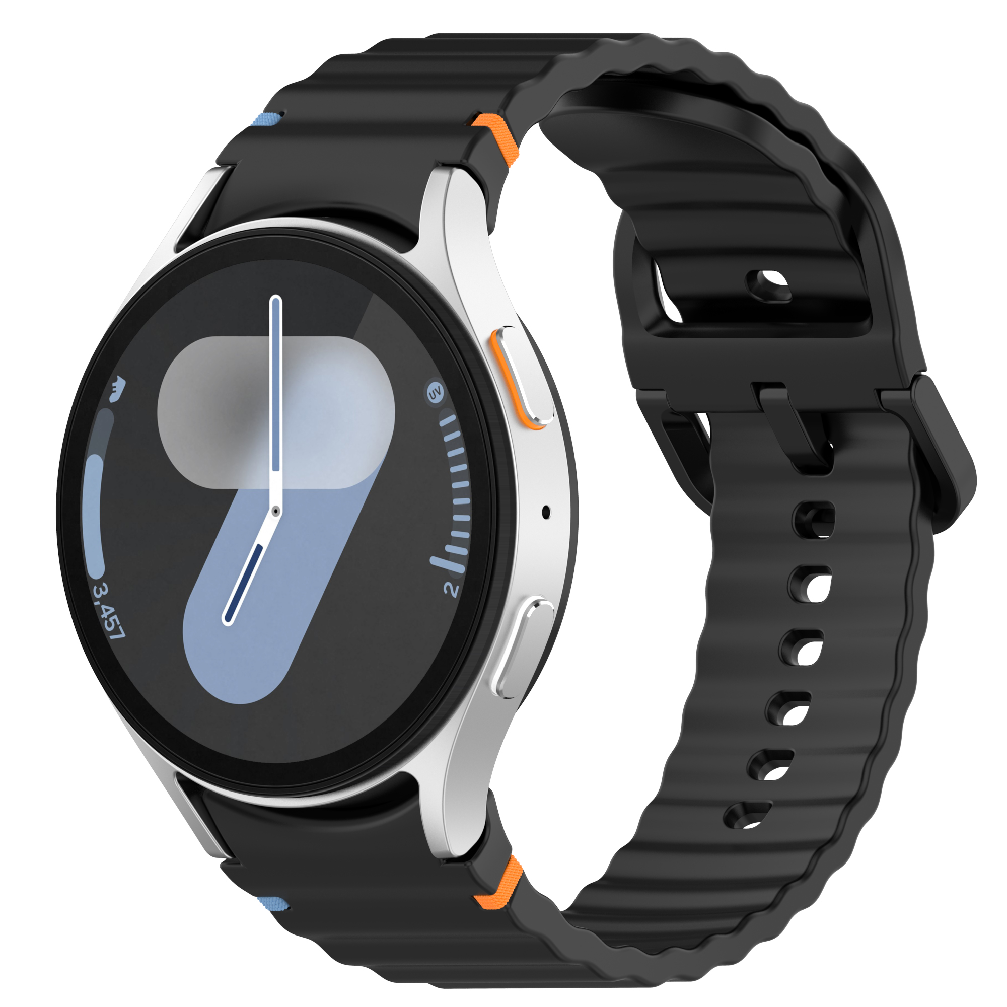 Silberne Smartwatch mit schwarzem Armband. Das Zifferblatt zeigt ein Datum und die Uhrzeit 9:00 Uhr.