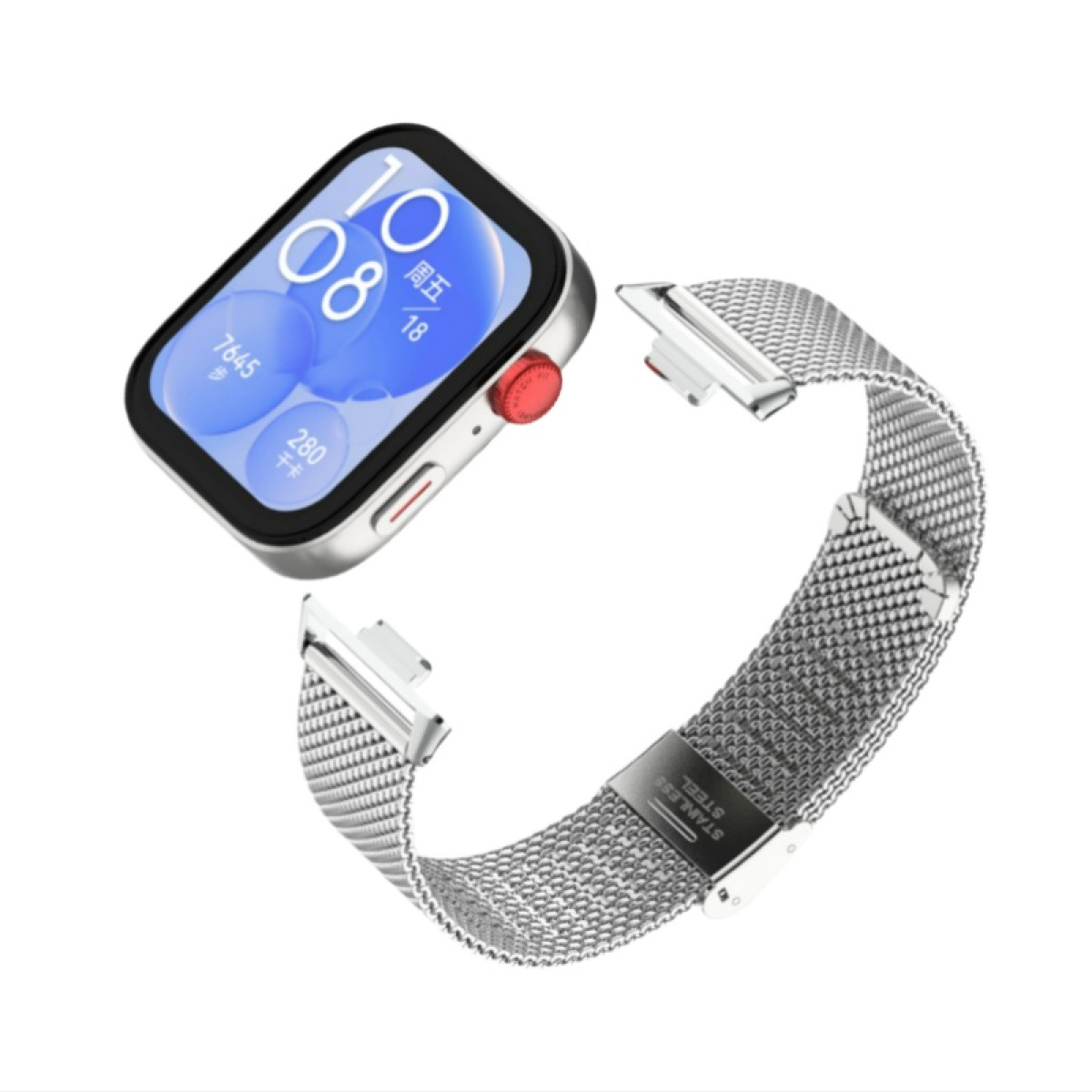 Smartwatch und abgelöstes Metall-Mesh-Armband. Uhr zeigt Zeit und Gesundheitsmetriken.