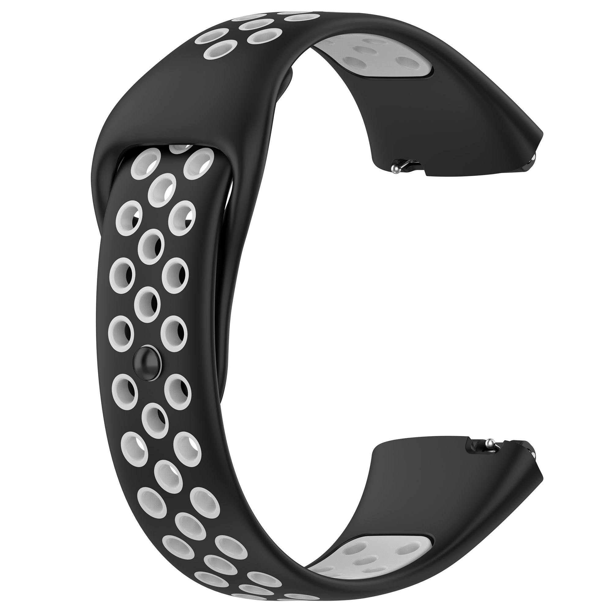 Schwarzes und weißes Uhrenarmband mit einem Muster aus Löchern. Das Armband hat die Form eines C.