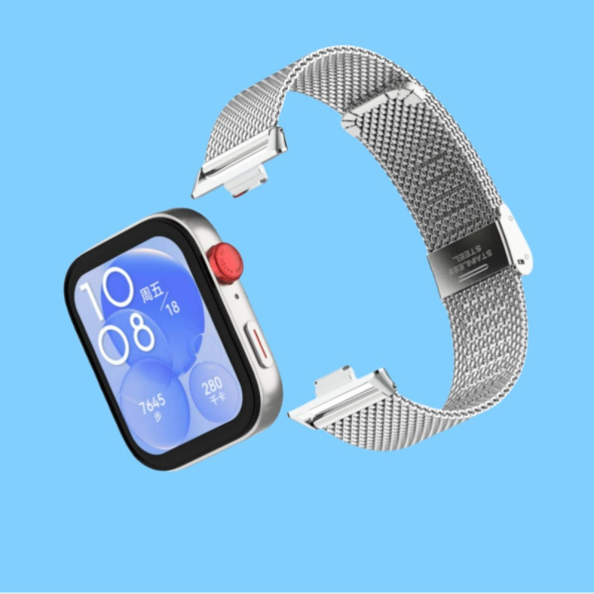 Silberne Smartwatch mit abgenommenem silbernen Armband auf blauem Hintergrund.