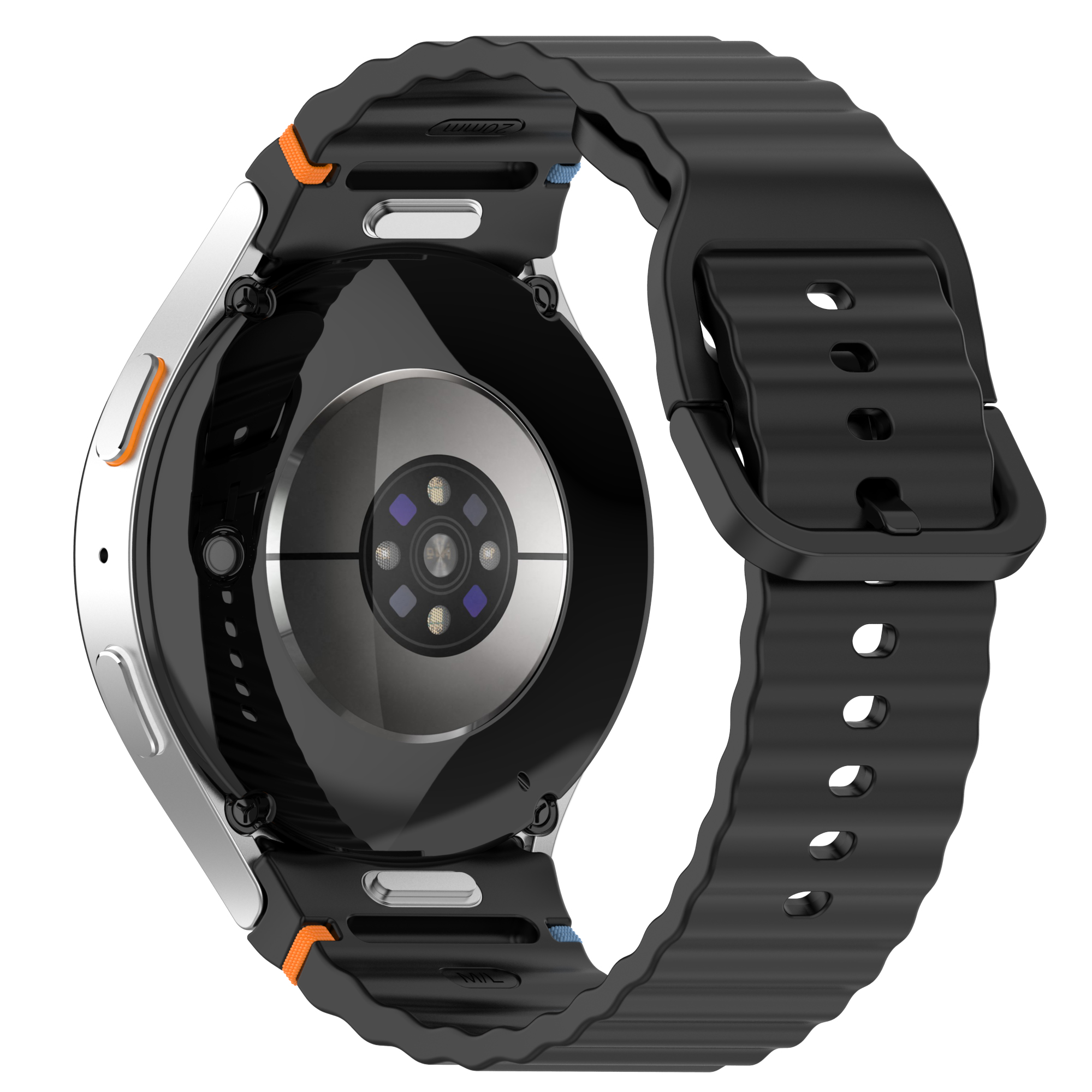 Schwarze Smartwatch, Rückansicht. Herzfrequenzsensor und schwarzes Armband mit orangefarbenen Akzenten.