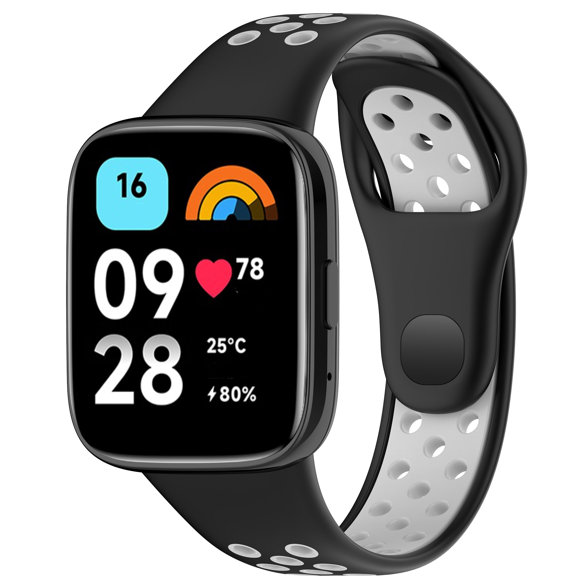Smartwatch mit Zeit, Datum, Herzfrequenz und Akku auf schwarzem Armband.