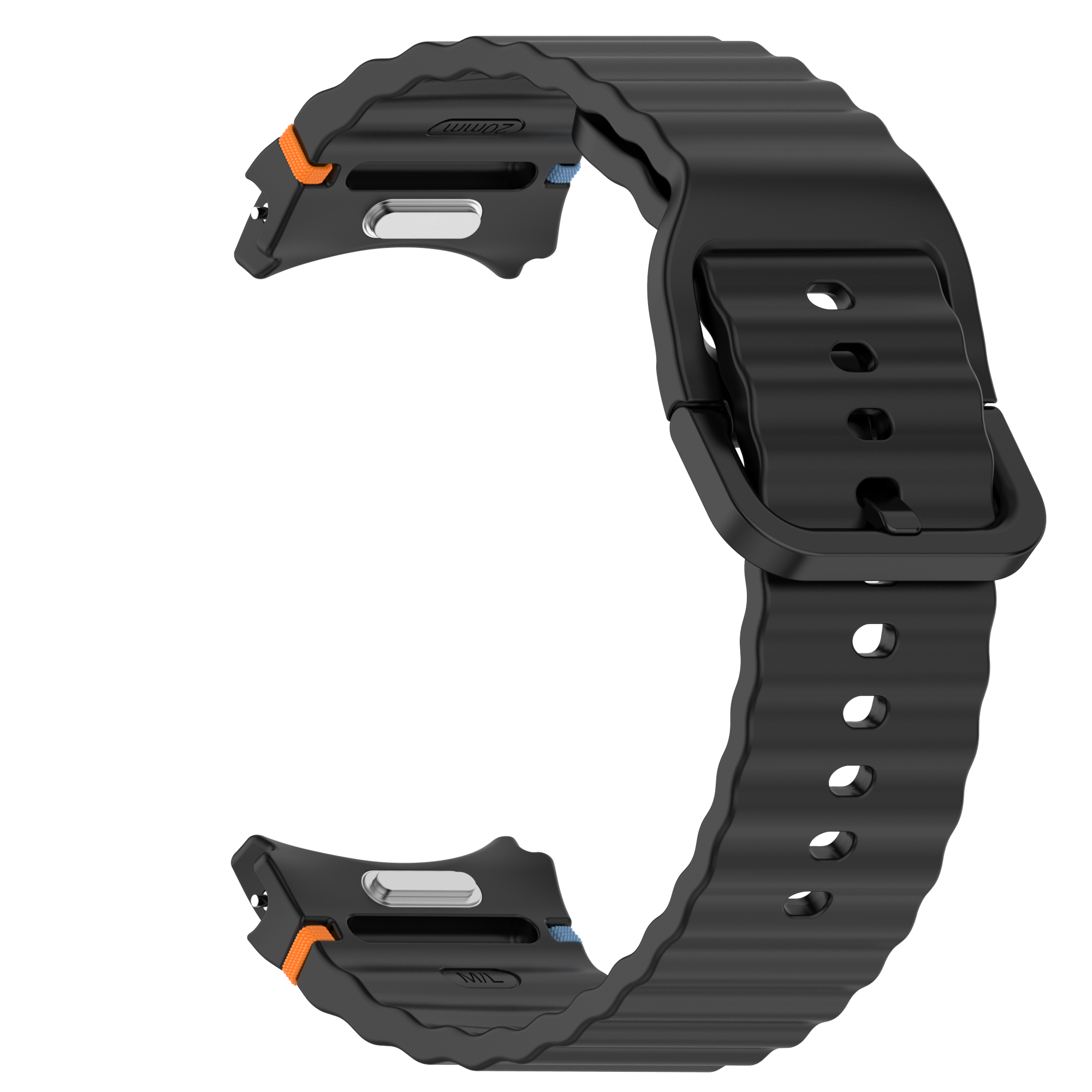 Schwarzes Uhrenarmband mit strukturierter Oberfläche und orangefarbenen Details.