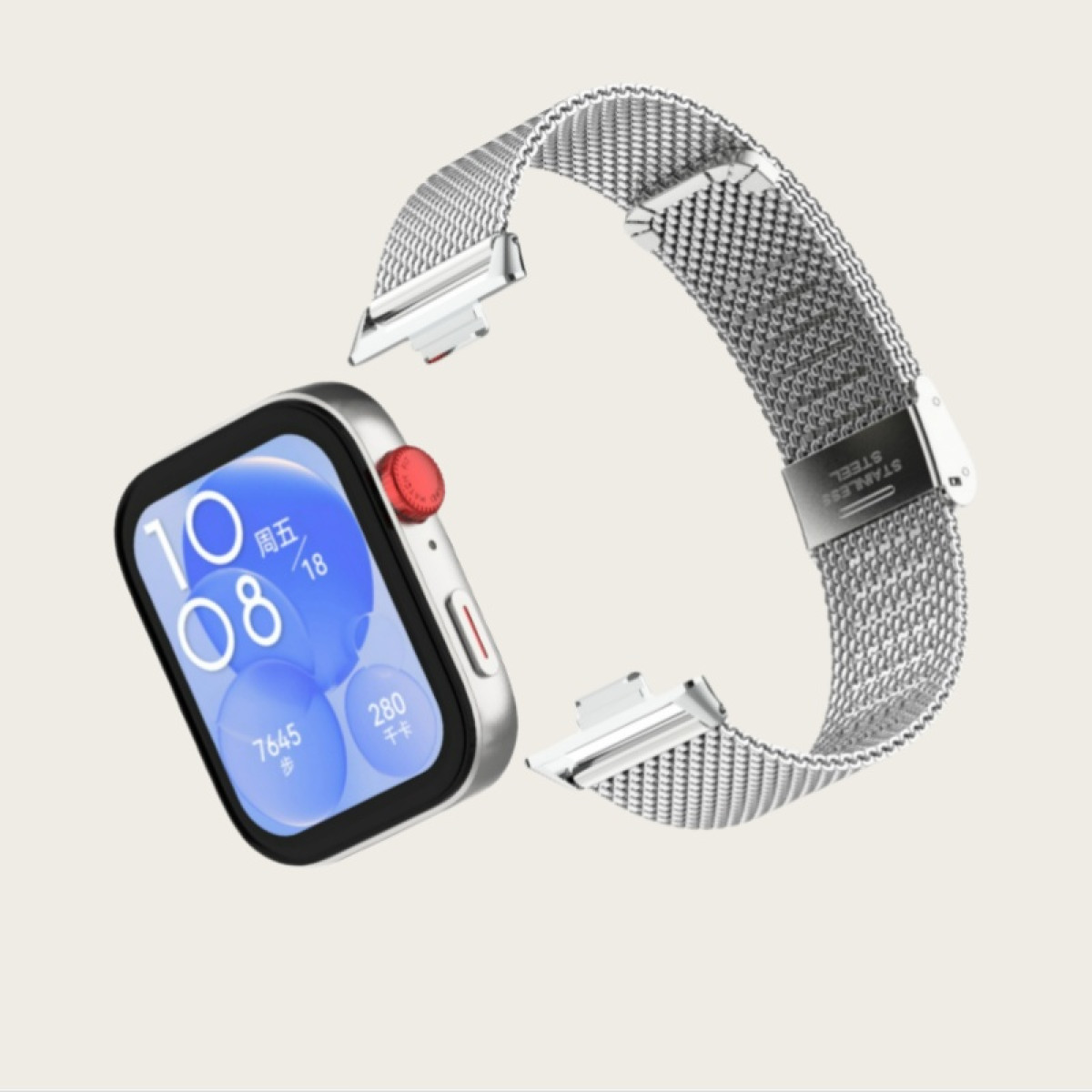 Smartwatch mit silbernem Armband. Die Uhr hat einen roten Knopf und zeigt Daten auf dem Display.