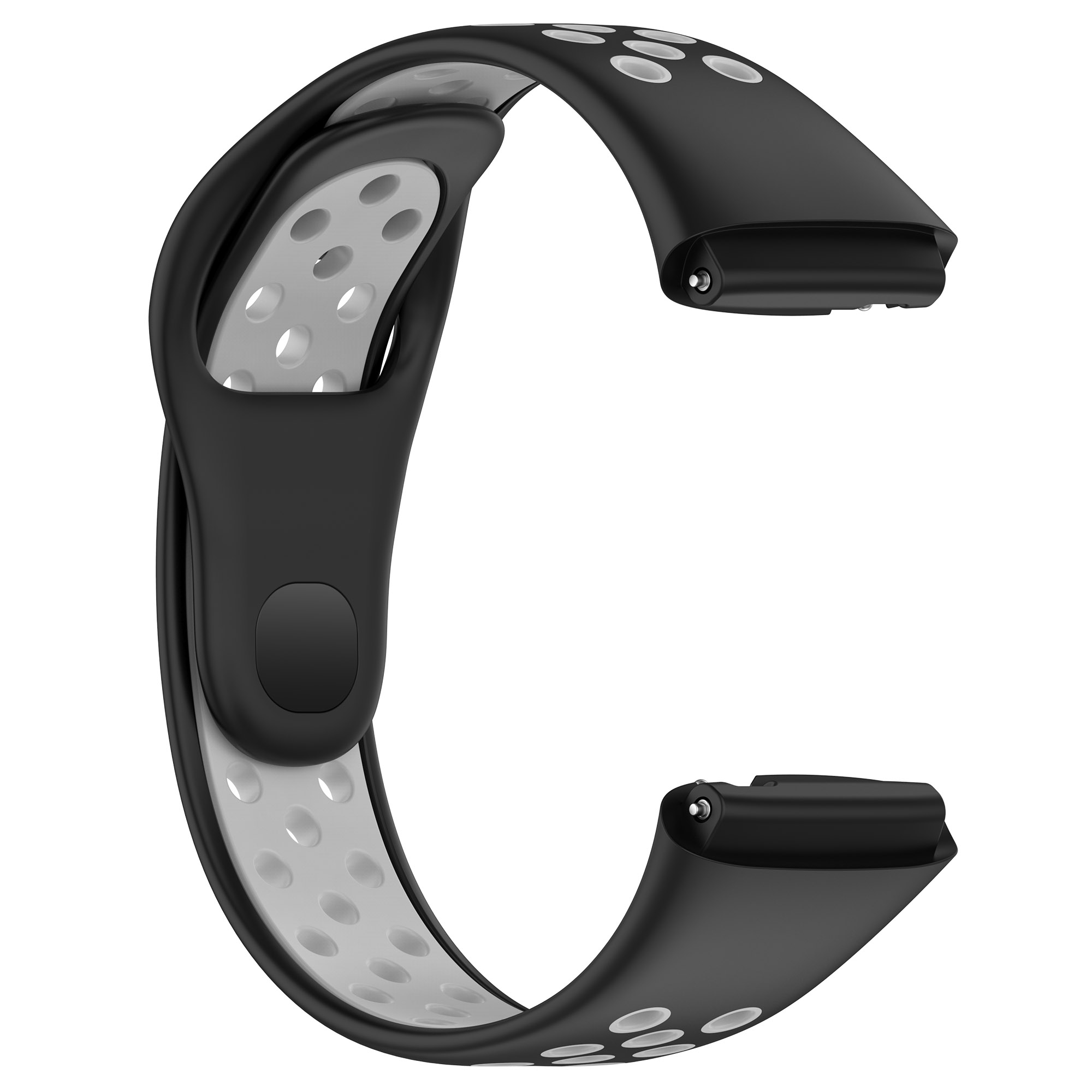 Schwarzes und graues Uhrenarmband mit Löchern.