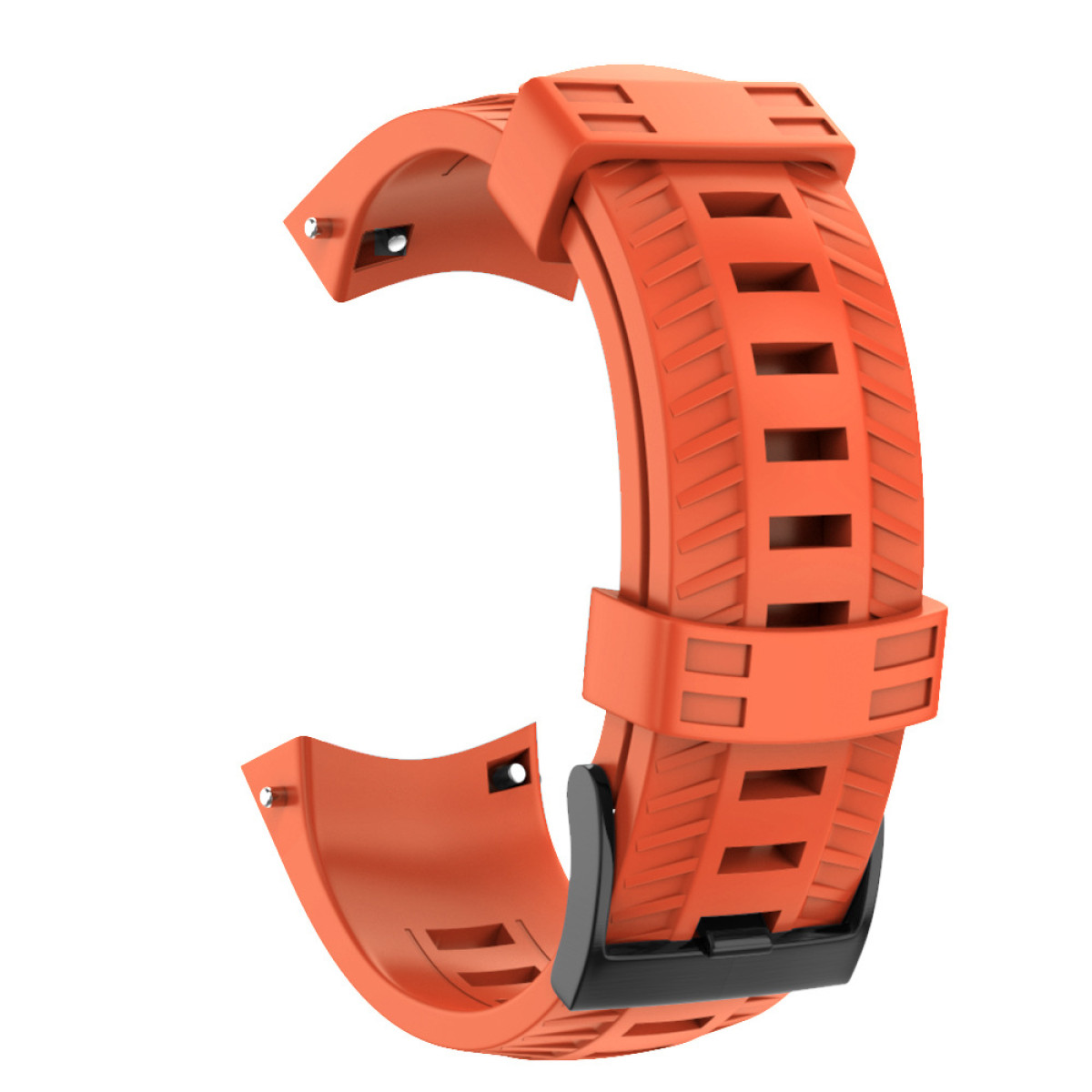 Orangenes Uhrenarmband mit schwarzer Schnalle. Das Armband hat eine robuste Textur und ist gebogen.