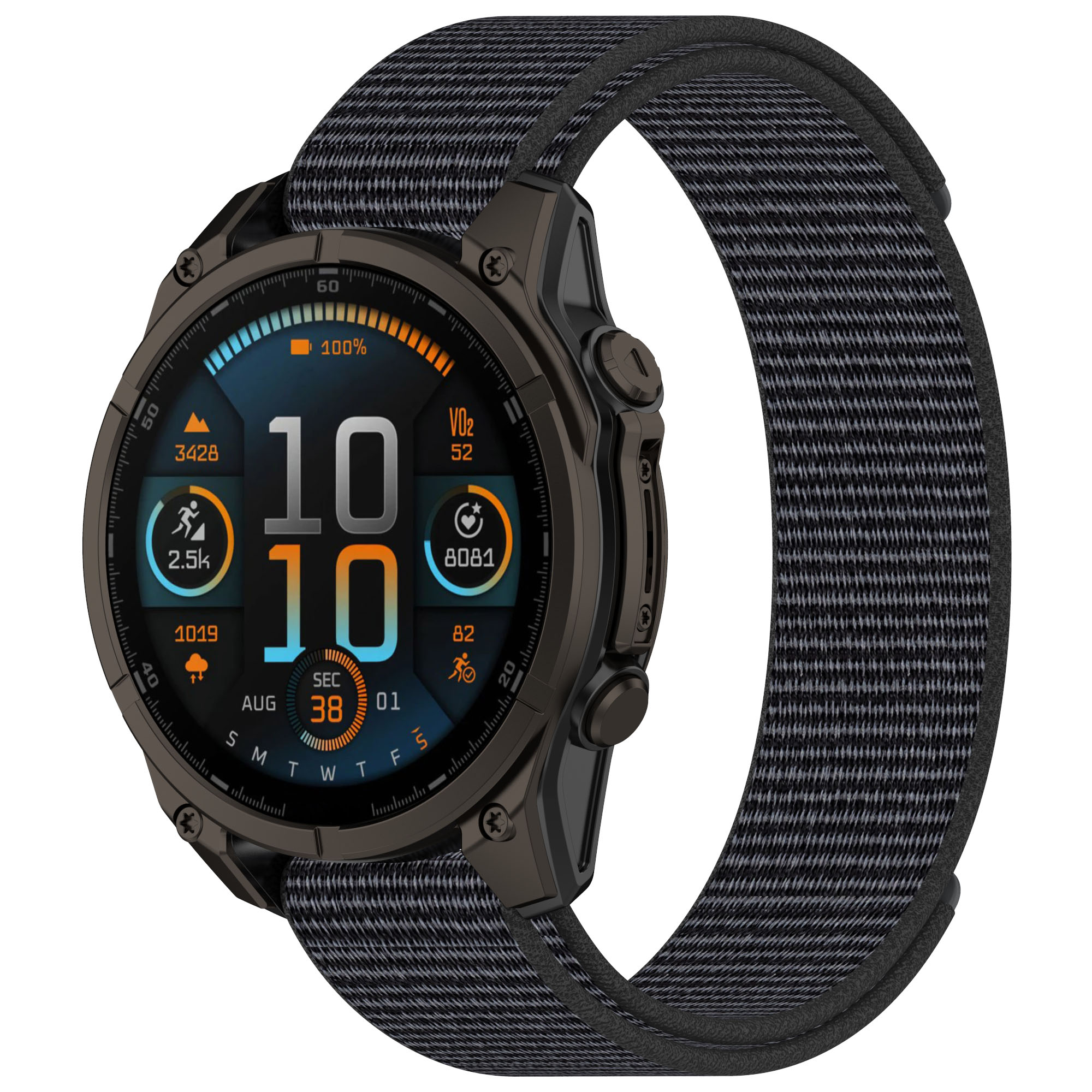 Smartwatch nero con cinturino grigio scuro che mostra dati.