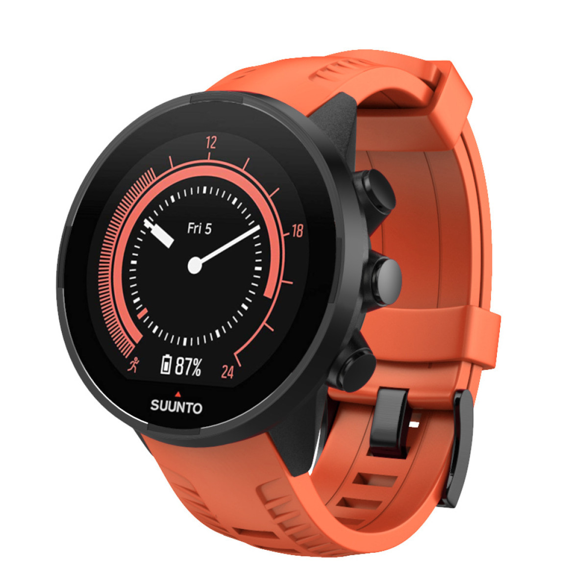 Orange Smartwatch mit Uhrzeit, Datum und Akkuladung. Schwarzes Gehäuse und Armband.