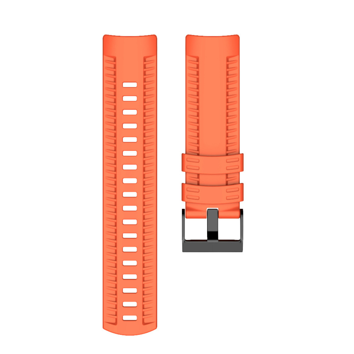 Zwei orangefarbene Uhrenarmbänder mit schwarzer Schnalle.