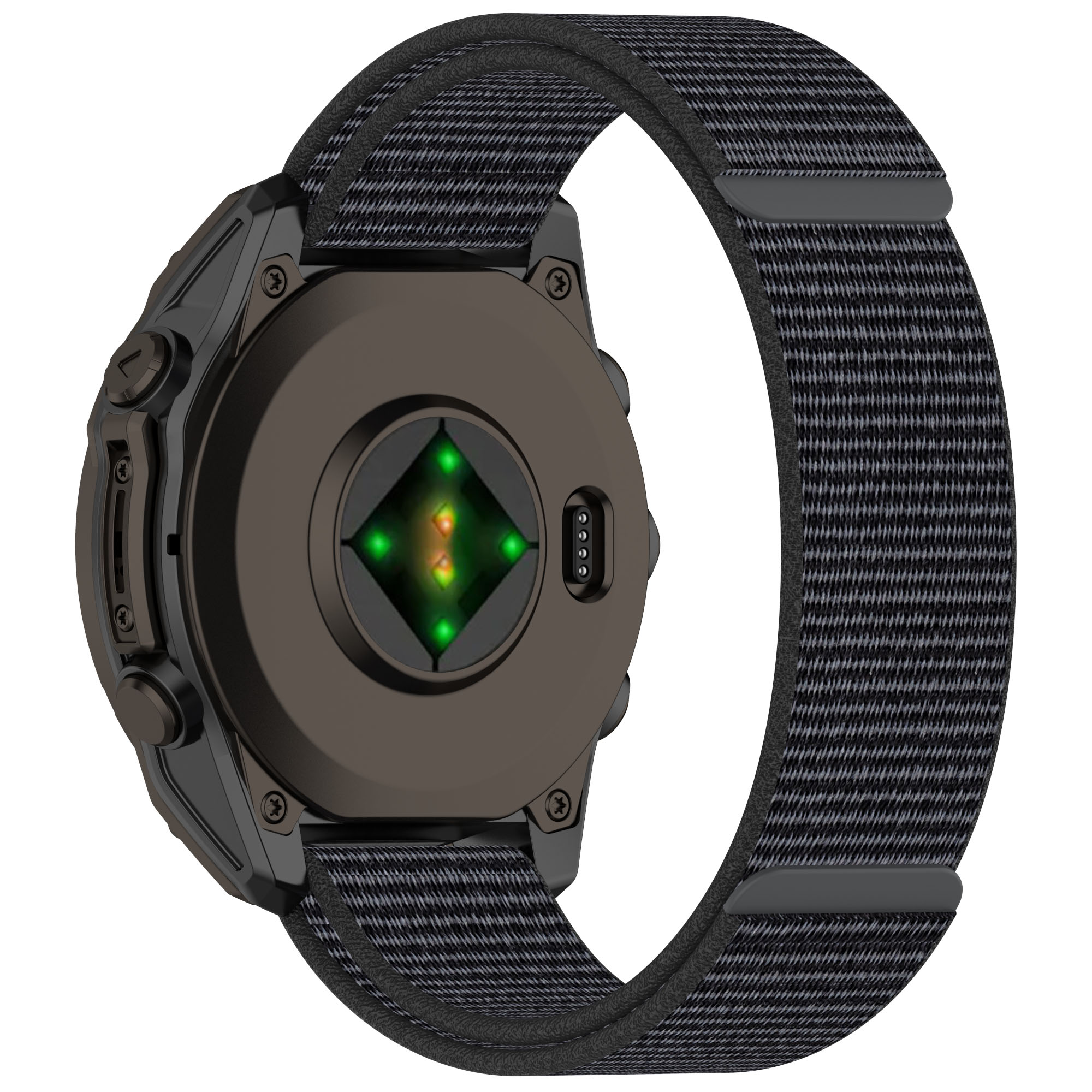 Smartwatch nera con cinturino nero. Luce verde visibile sul retro. Primo piano.