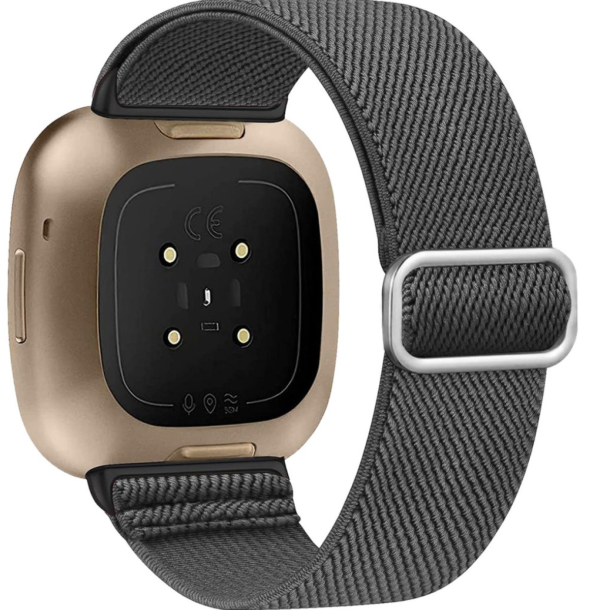 Goldene Smartwatch-Rückseite mit schwarzem Sensor und Armband. Graues Stoffarmband mit Metallschnalle.