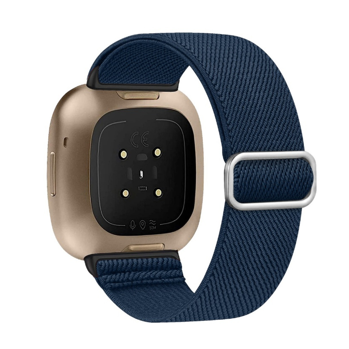Eine goldene Fitbit Versa Uhr mit einem marineblauen Band.