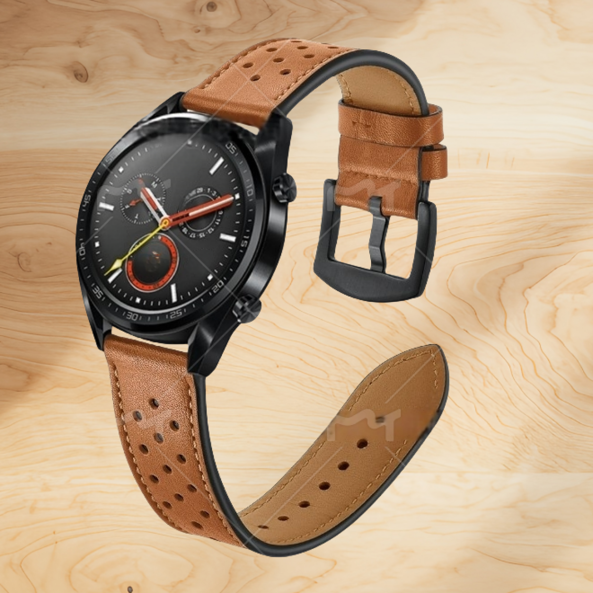 Smartwatch con cinturino in pelle marrone su superficie in legno.