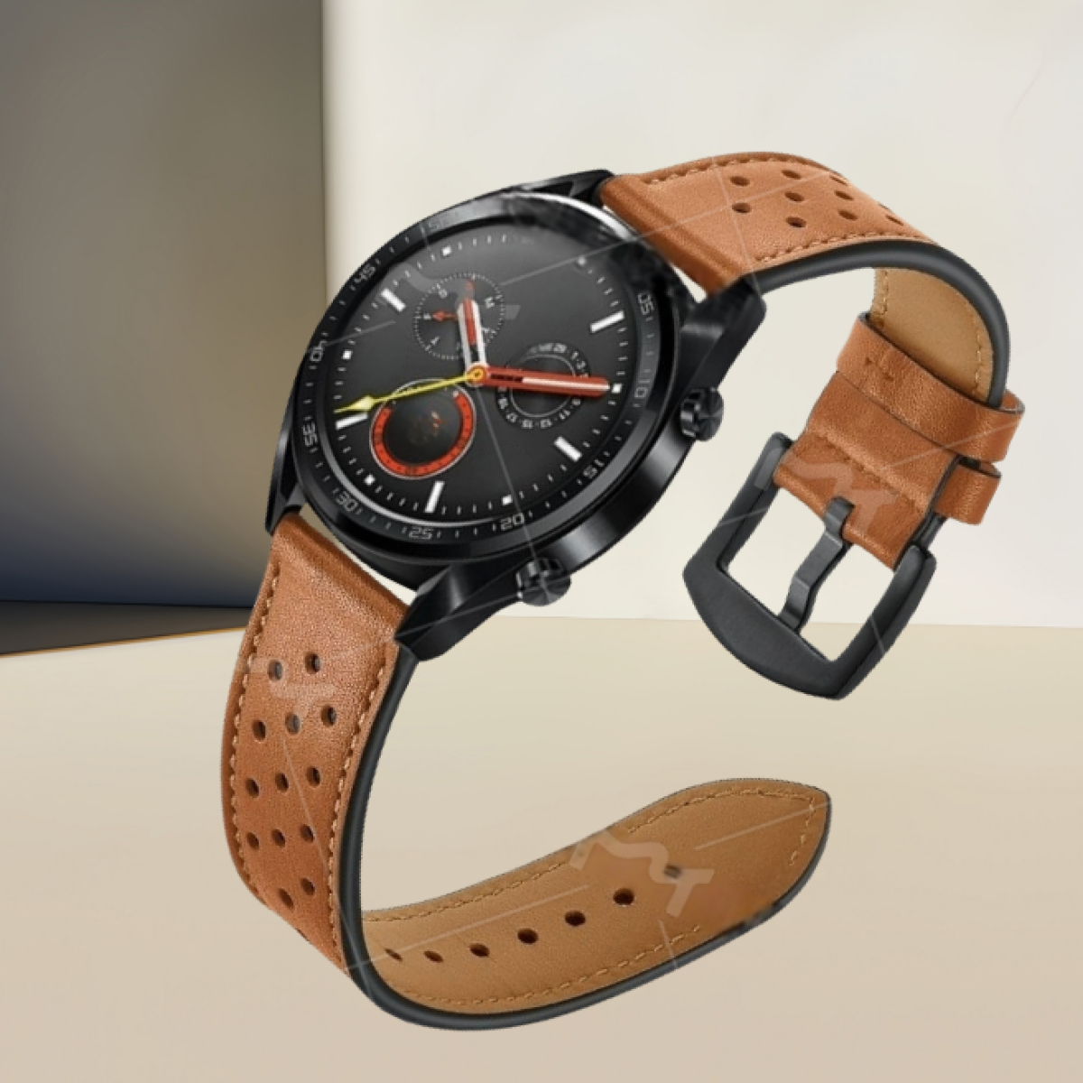 Un orologio nero con cinturino in pelle marrone. L'orologio ha quadrante nero e dettagli rossi.