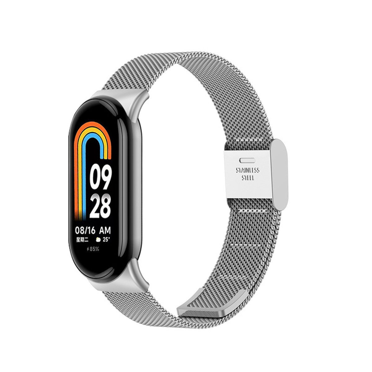 Fitness tracker argento con cinturino in metallo argento, mostra data e ora.