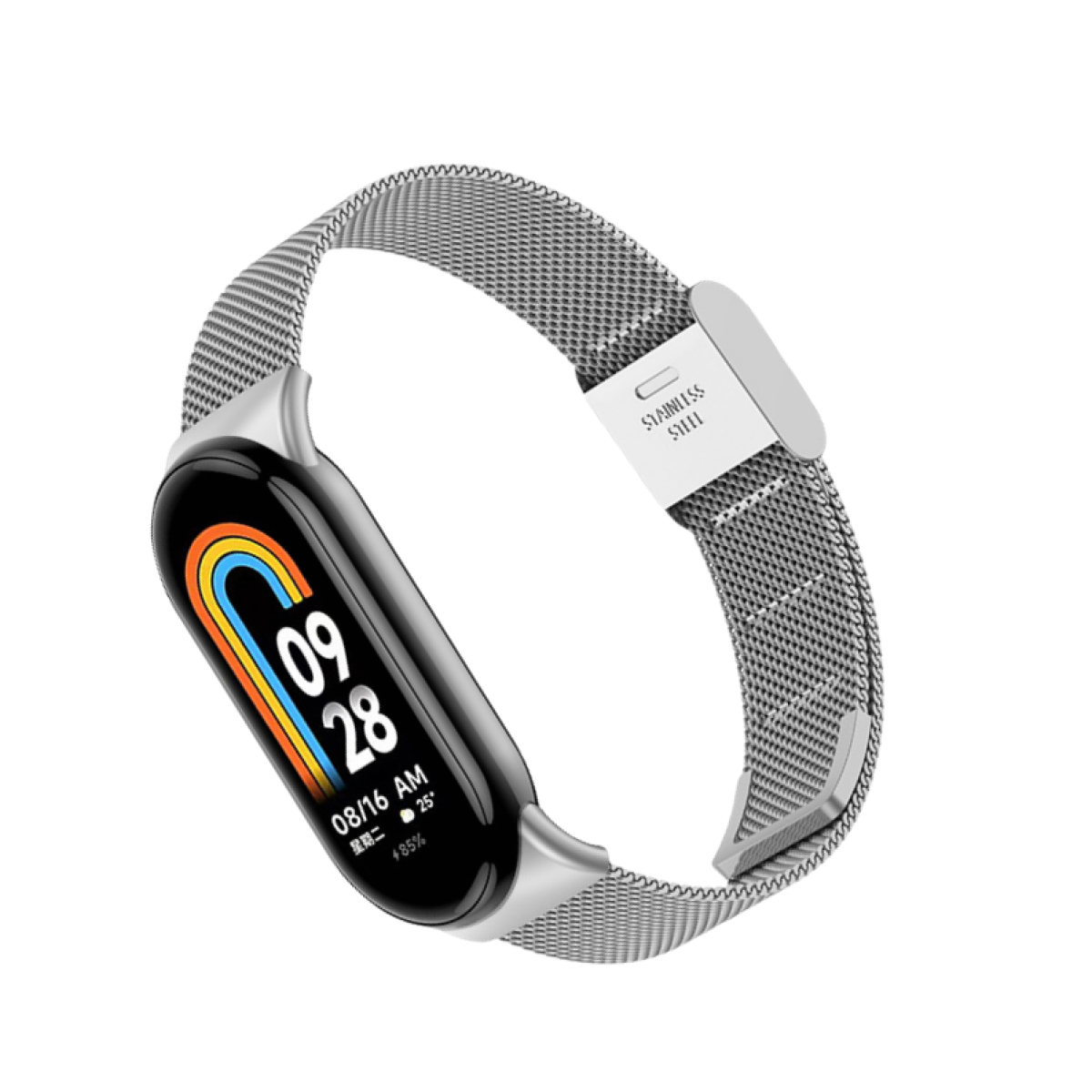 Una smart band con cinturino argentato. Lo schermo mostra ora e metriche di salute.