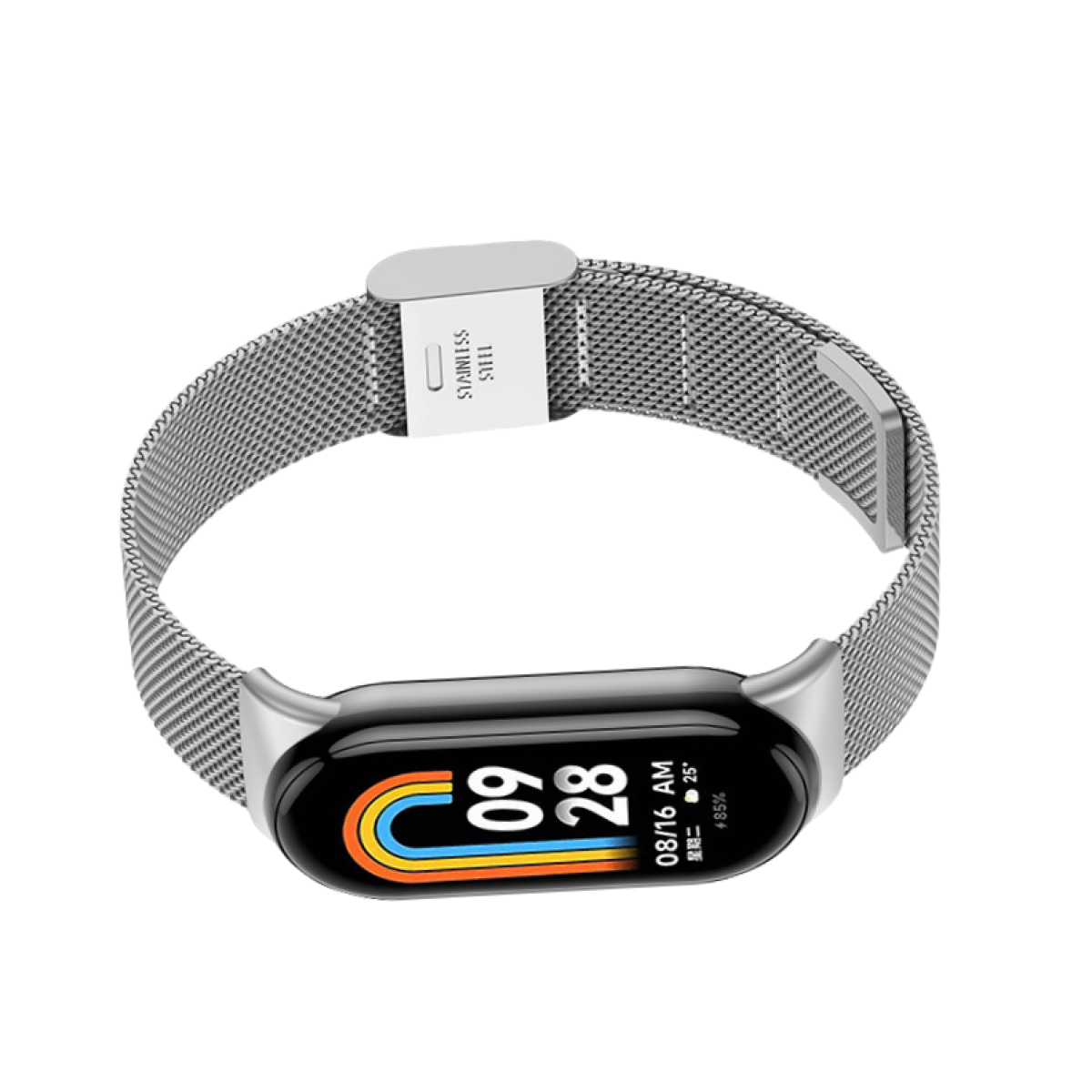 Cinturino per smartwatch argentato con display nero che mostra ora e data, su sfondo bianco.