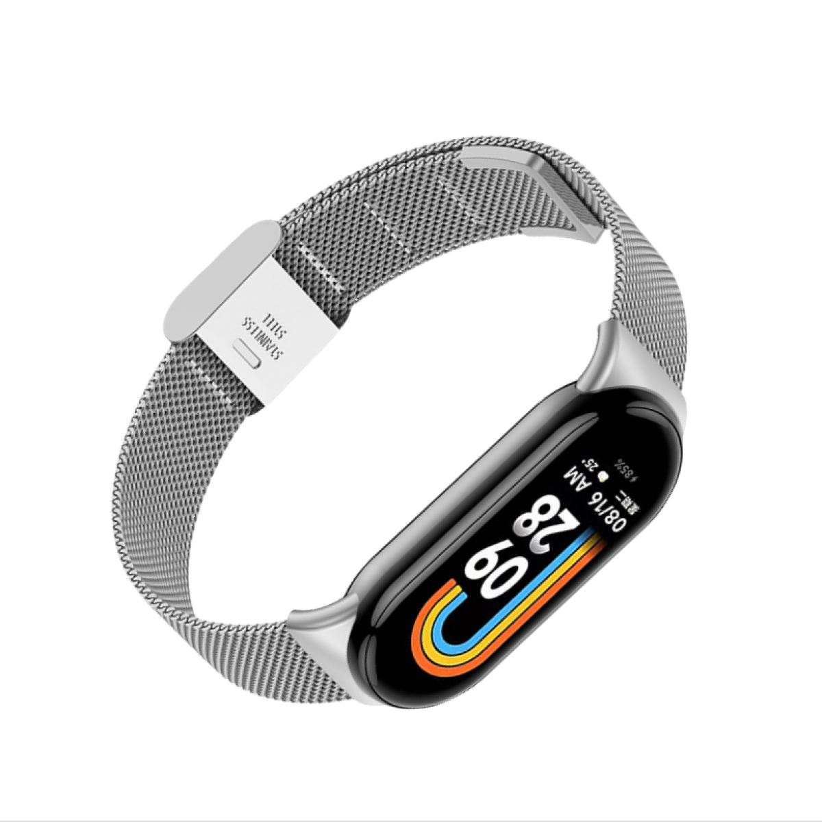 Cinturino per smartwatch argentato con schermo nero che mostra ora e data con linee multicolore su bianco.