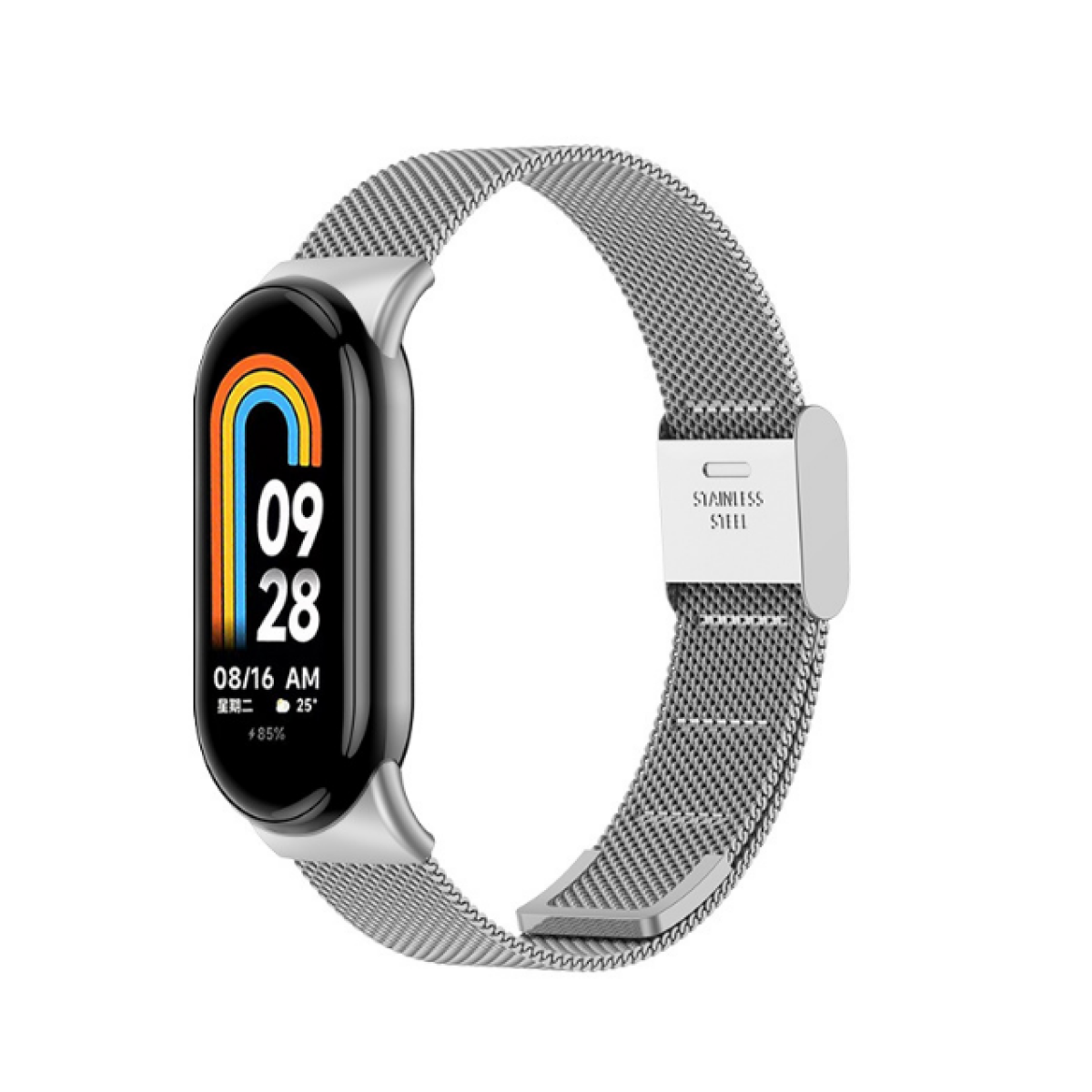 Smartwatch con cinturino metallico, mostra ora e data. Schermo con interfaccia colorata.