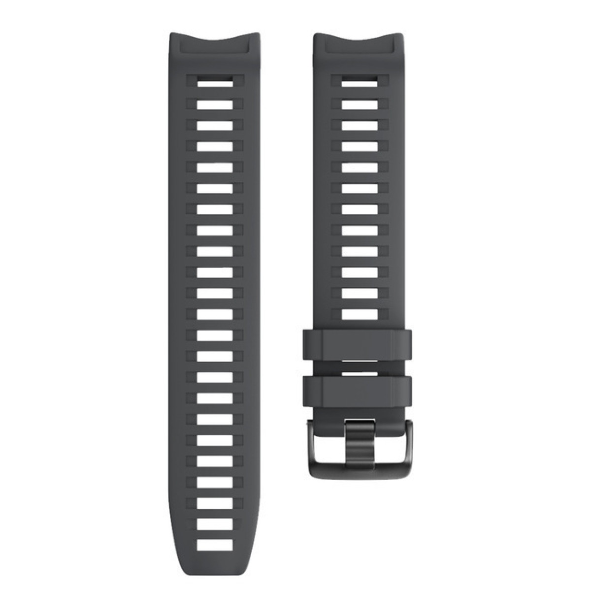 Zwei schwarze Uhrenarmbänder mit weißen Rechteckaussparungen, für eine Smartwatch.