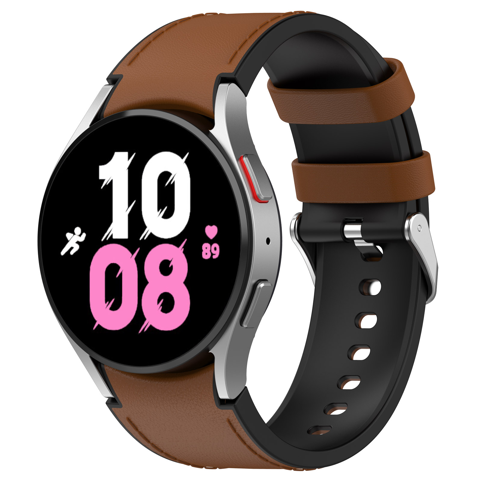 Uno smartwatch con cinturino in pelle marrone e display digitale che mostra l'ora e le metriche di salute.