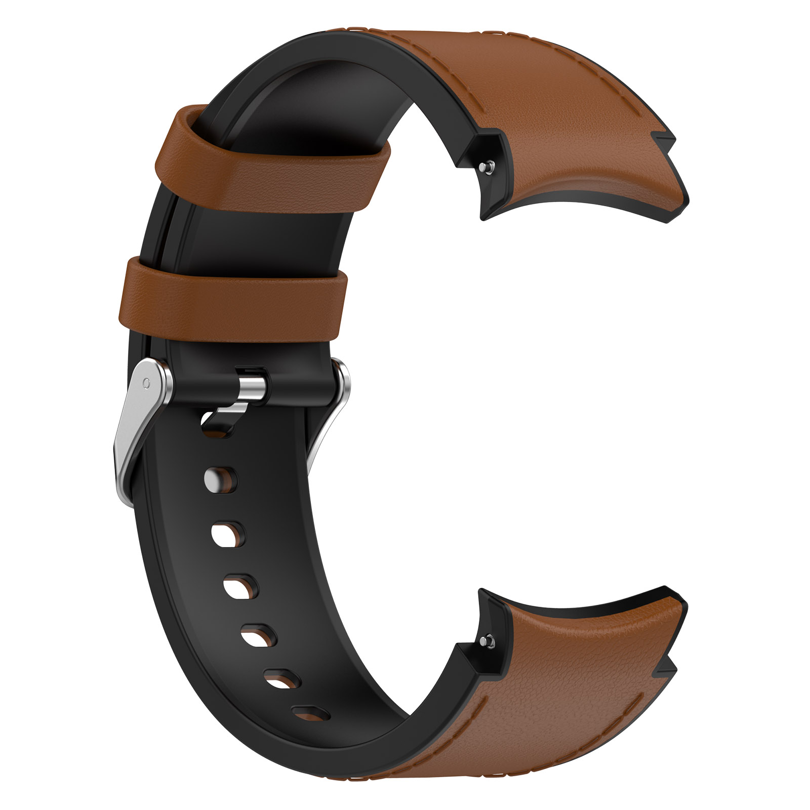 Un cinturino per orologio con base nera e cinturini in pelle marrone. Lo sfondo  è bianco.