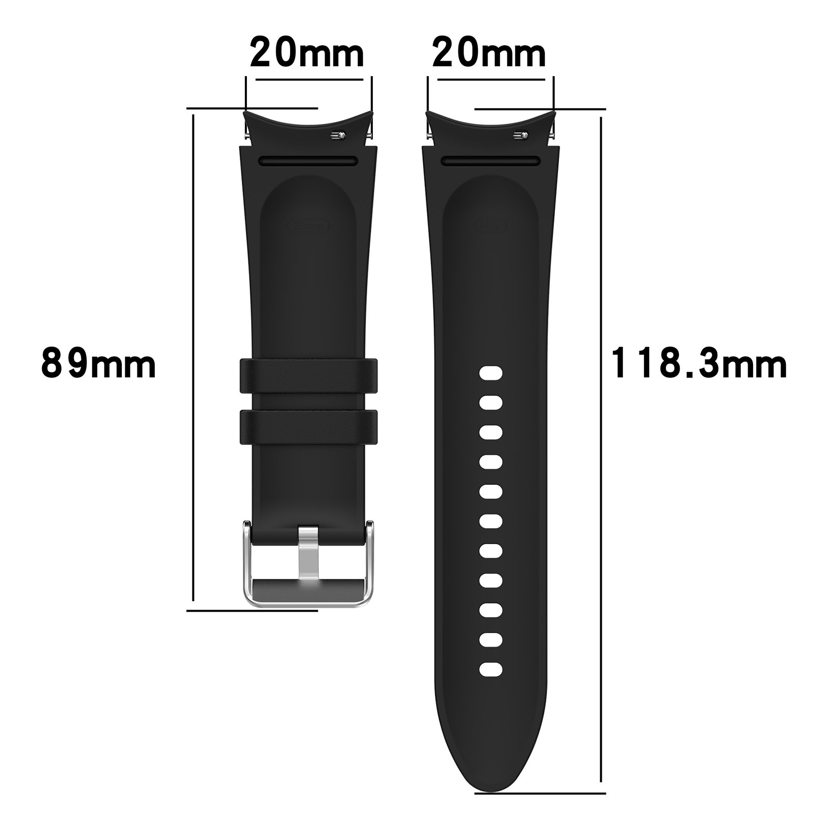 Zwei schwarze Uhrenarmbänder mit Maßen. Eine Schnalle ist an einem Armband befestigt. Weißer Hintergrund.
