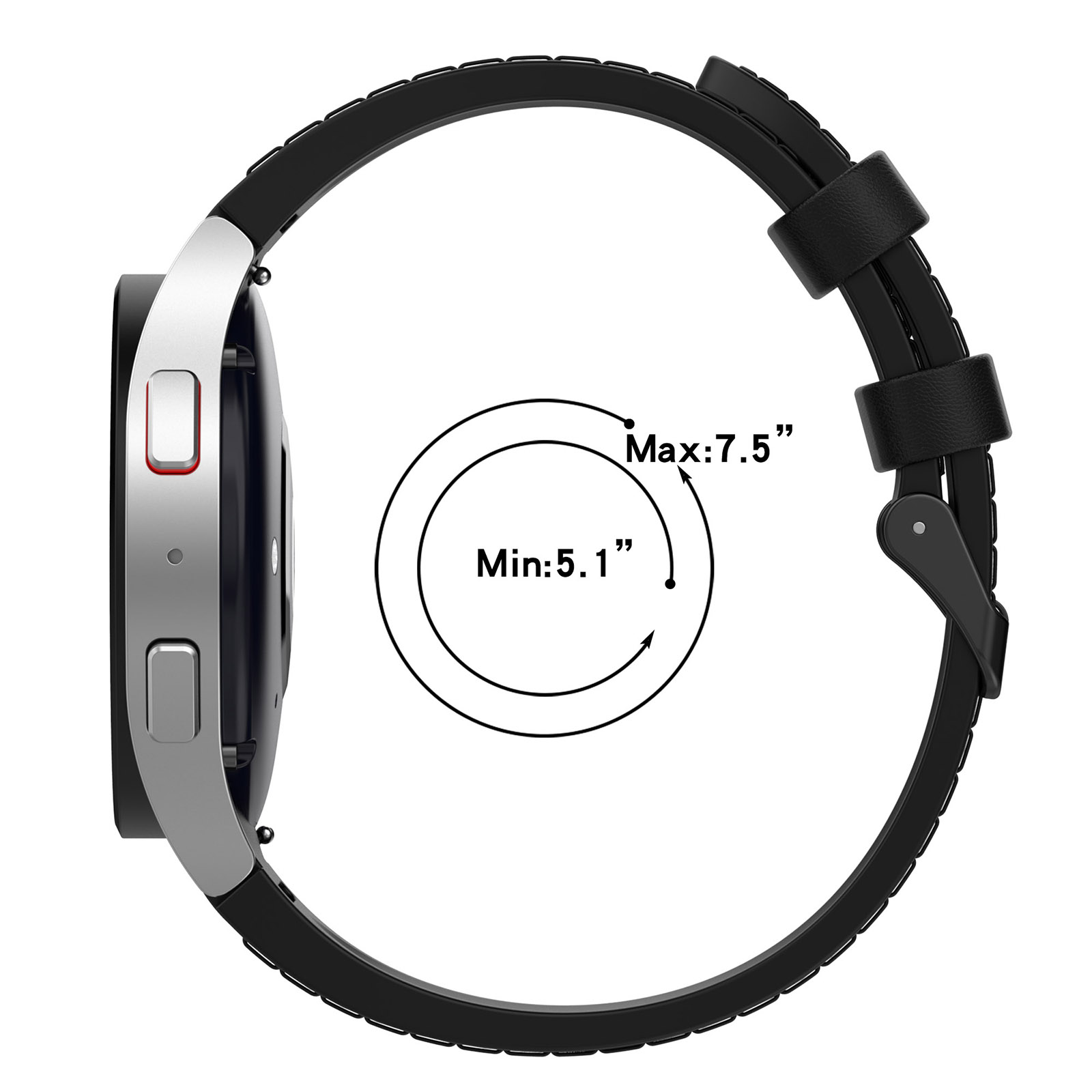 Seitenansicht einer Smartwatch mit schwarzem Armband. Die Bandgröße ist mit 5,1" bis 7,5" gekennzeichnet.